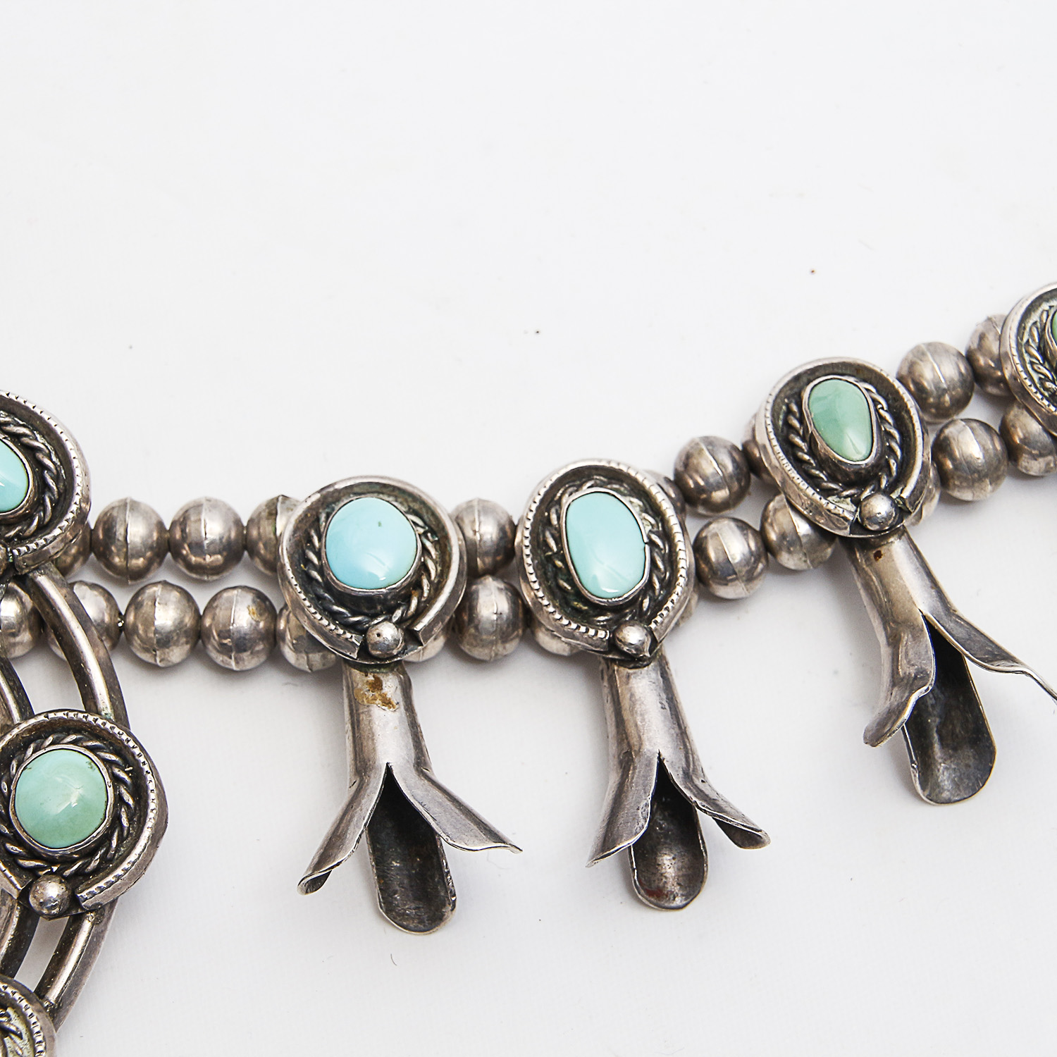 Navajo Style Sterling Silver Turquoise Squash Blossom Necklace
