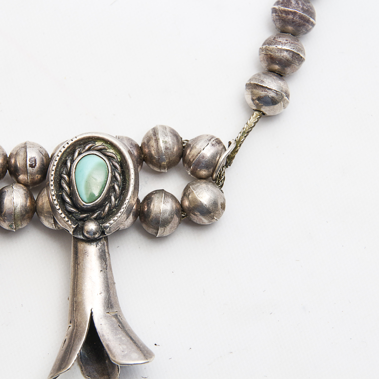 Navajo Style Sterling Silver Turquoise Squash Blossom Necklace