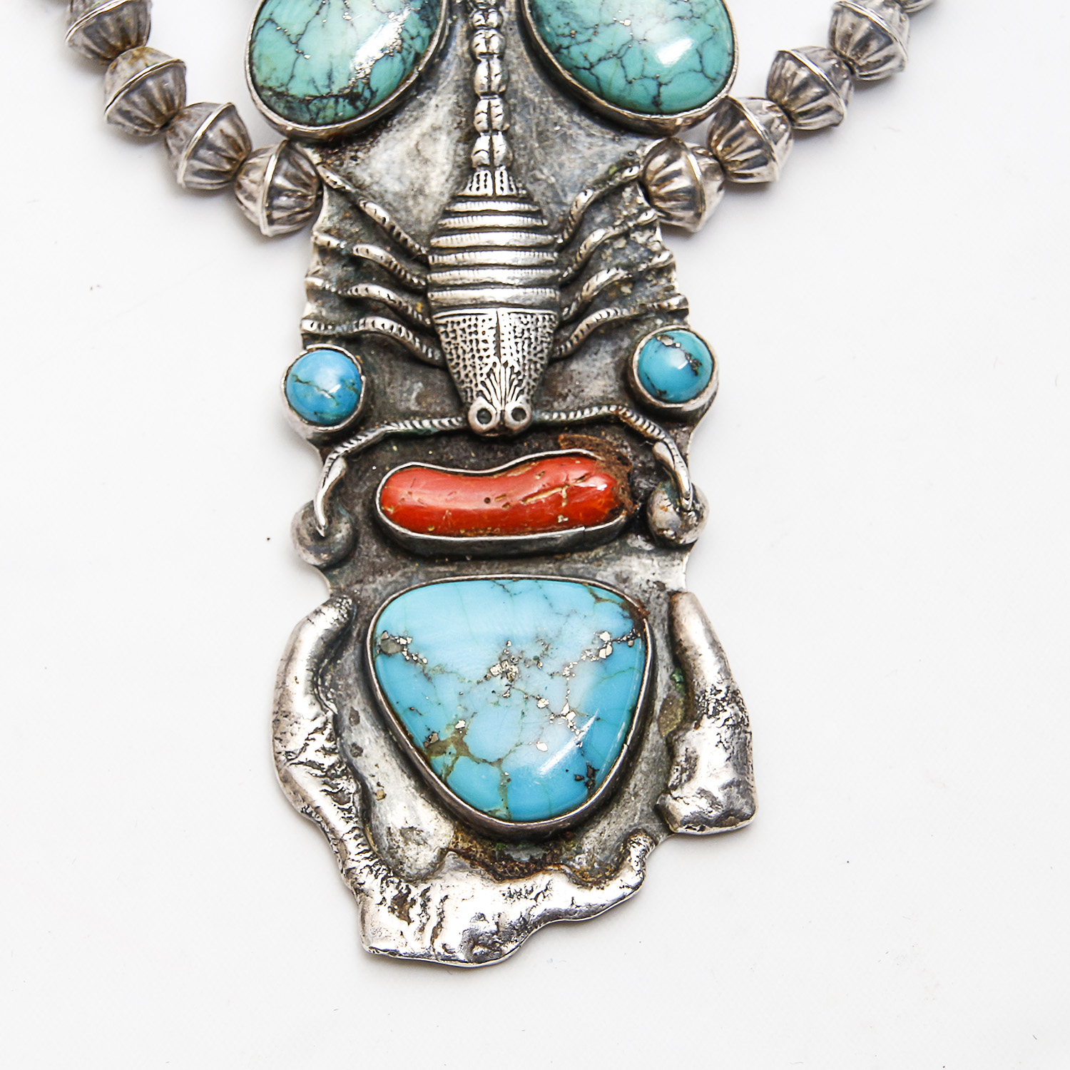 Lee Prince Native American Sterling Turquoise and Coral Necklace