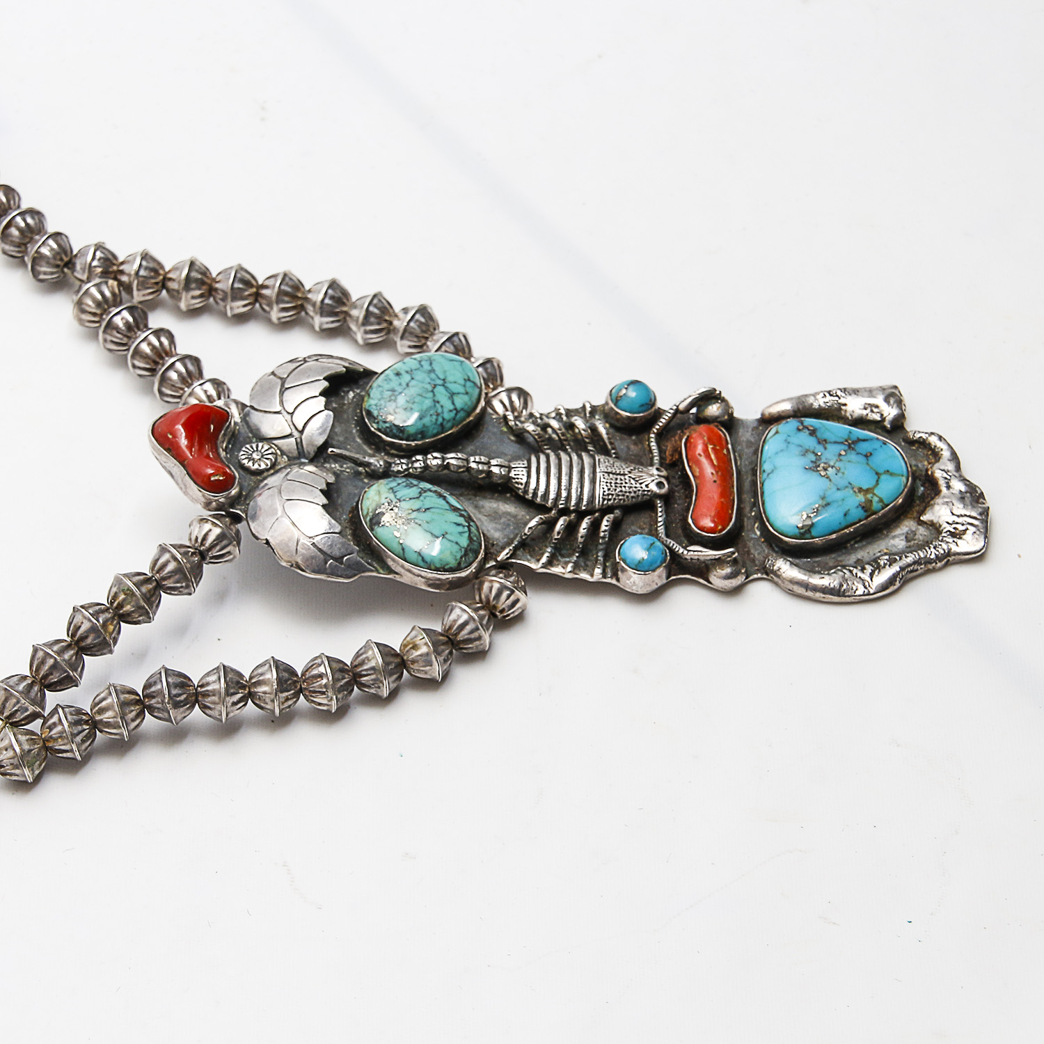 Lee Prince Native American Sterling Turquoise and Coral Necklace