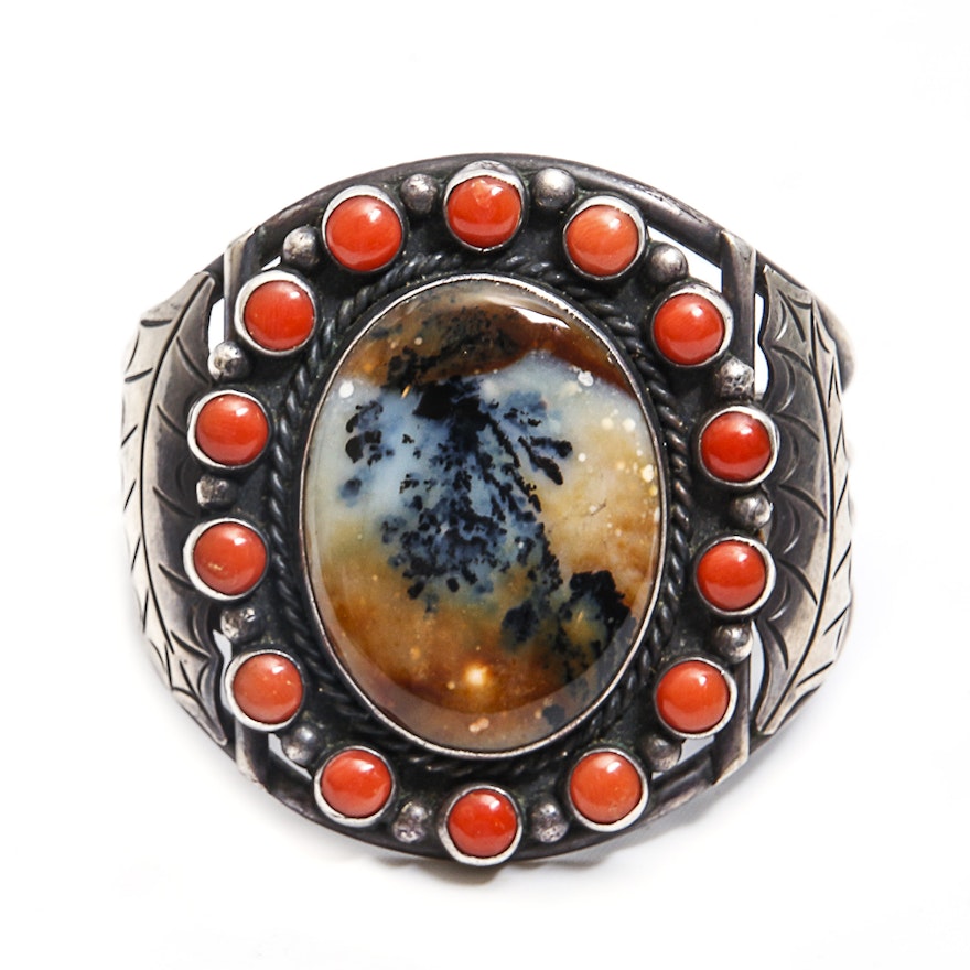 Thompson Platero Sterling Silver Dendritic Agate and Coral Cuff