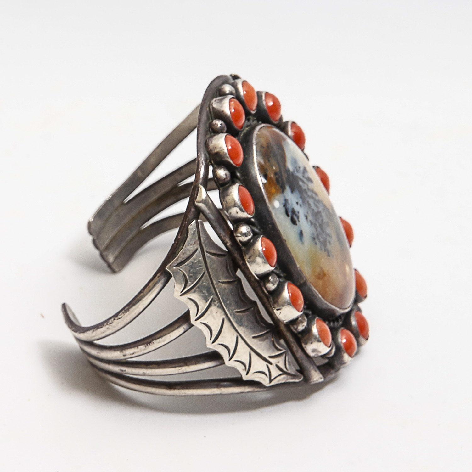 Thompson Platero Sterling Silver Dendritic Agate and Coral Cuff