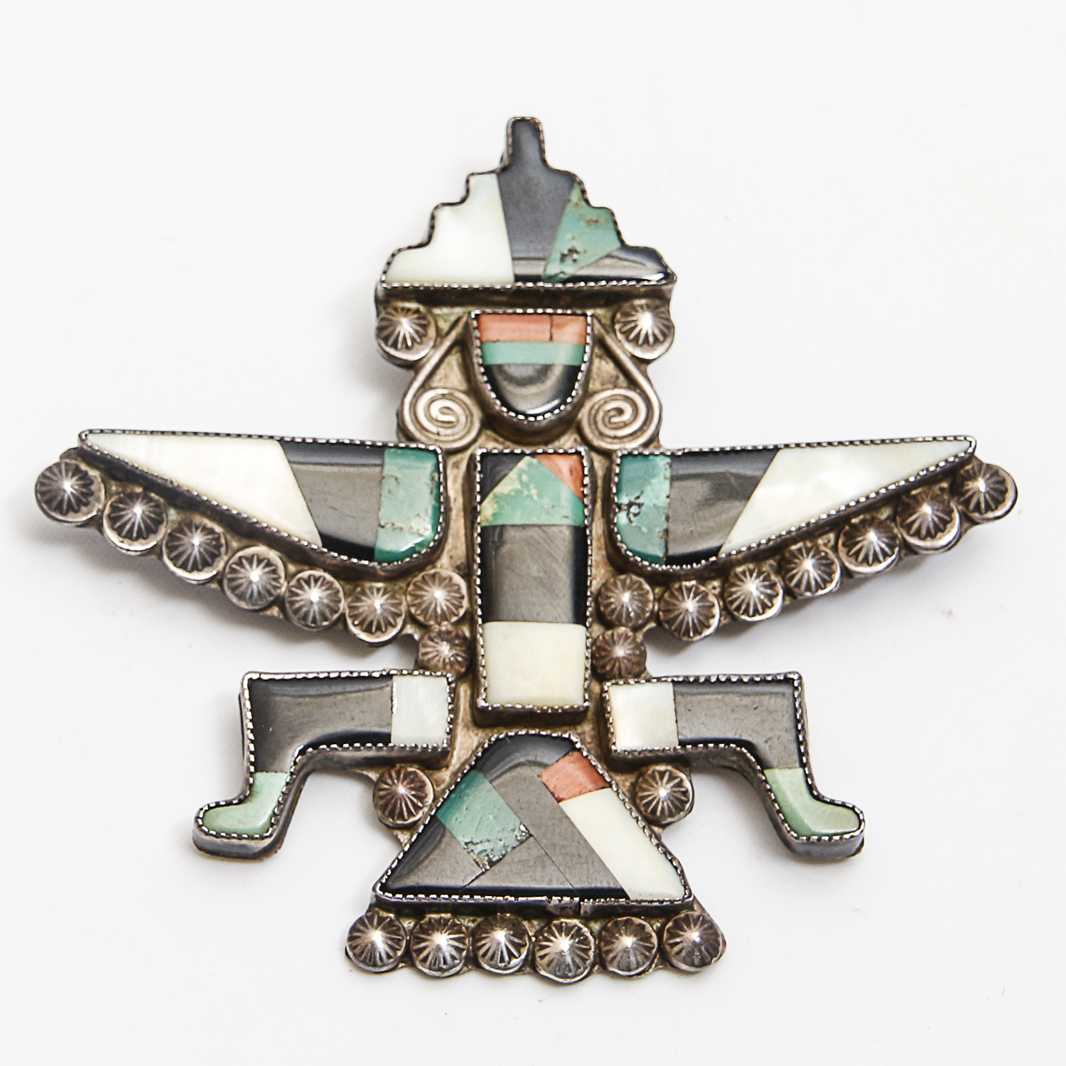 Knife Wing God Mother of Pearl, Onyx, Malachite, Coral and Gaspeite Sterling Brooch