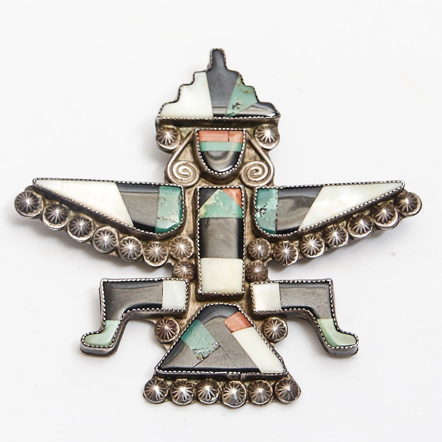 Knife Wing God Mother of Pearl, Onyx, Malachite, Coral and Gaspeite Sterling Brooch