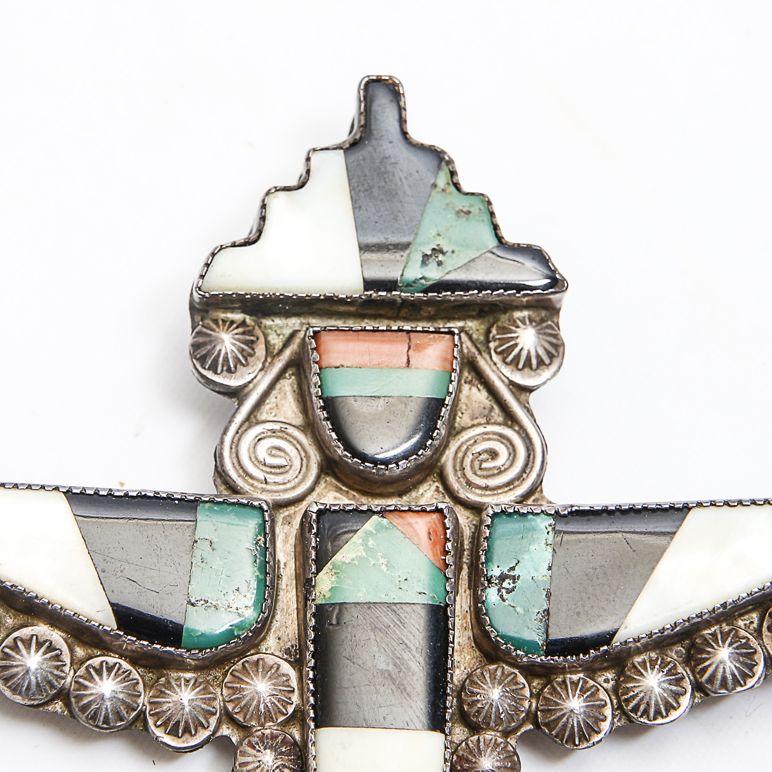 Knife Wing God Mother of Pearl, Onyx, Malachite, Coral and Gaspeite Sterling Brooch