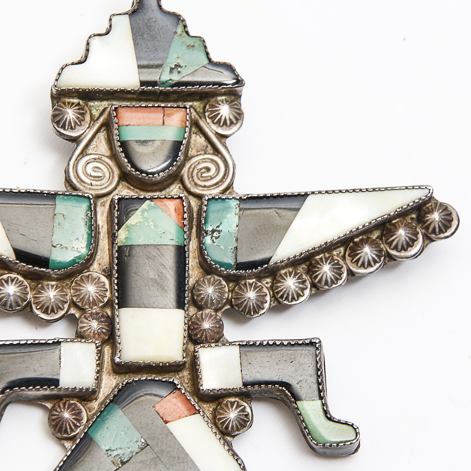 Knife Wing God Mother of Pearl, Onyx, Malachite, Coral and Gaspeite Sterling Brooch