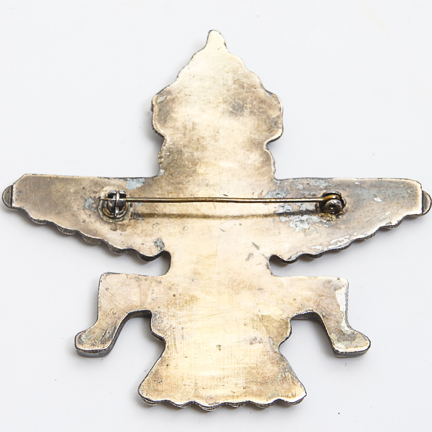 Knife Wing God Mother of Pearl, Onyx, Malachite, Coral and Gaspeite Sterling Brooch