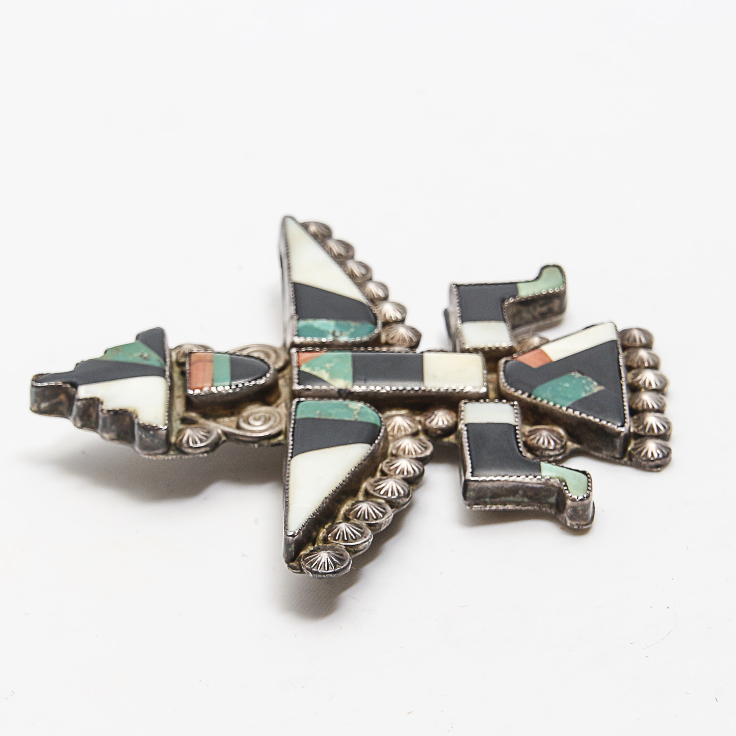 Knife Wing God Mother of Pearl, Onyx, Malachite, Coral and Gaspeite Sterling Brooch