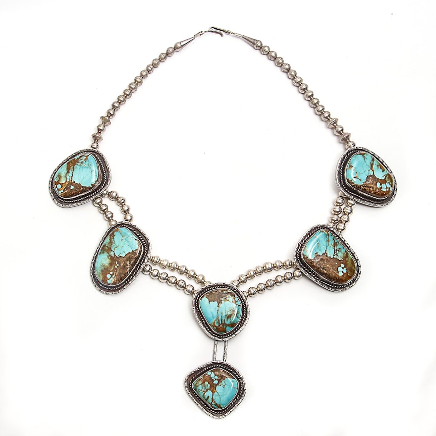 Native American Style Turquoise Sterling Silver Station Necklace