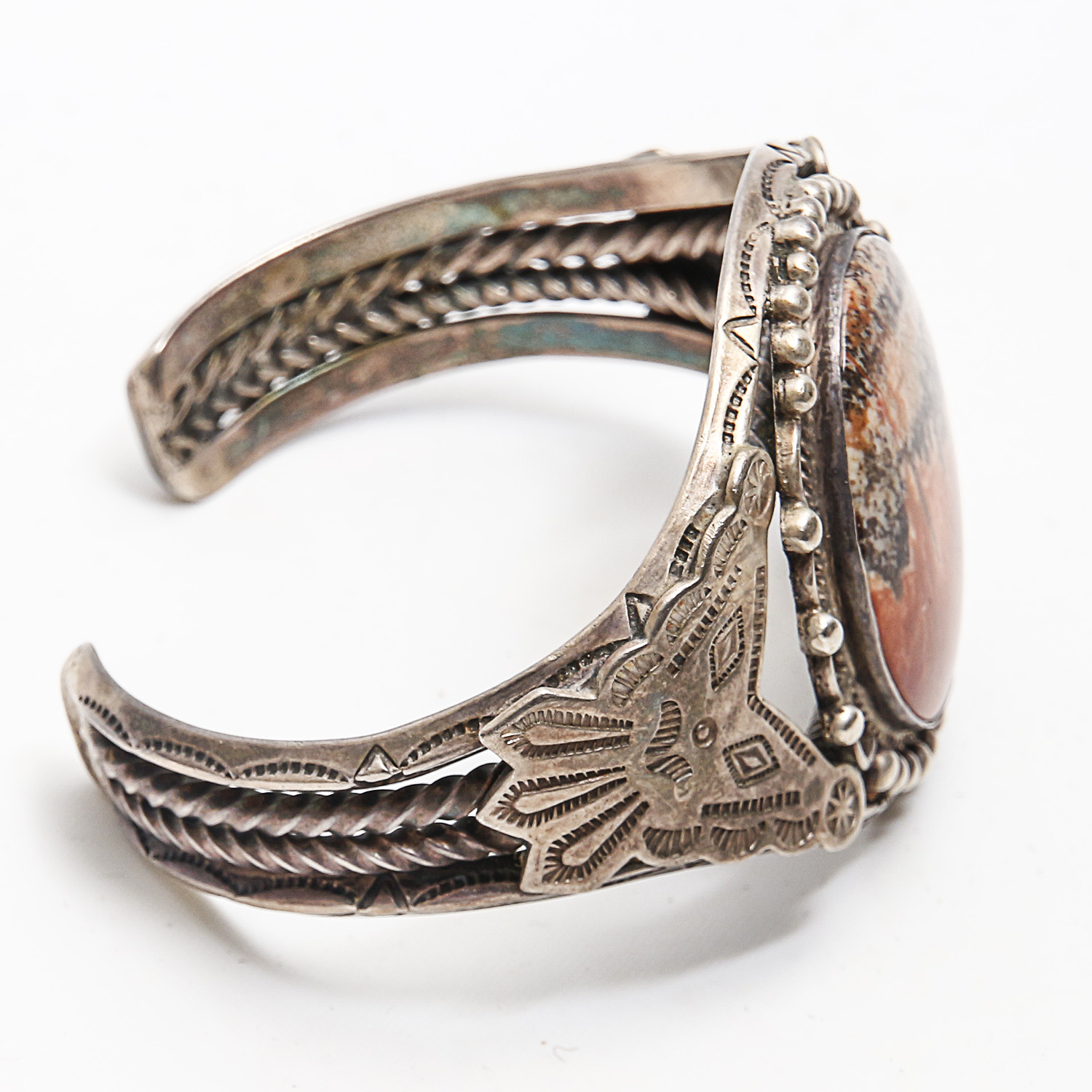 Native American Style Sterling Cuff Bracelet with Large Landscape Agate Cabochon