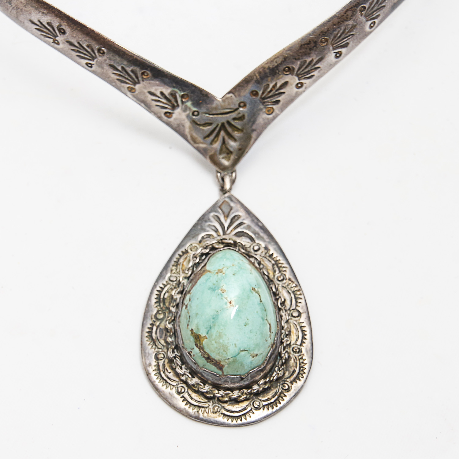 Navajo Style Sterling Silver Turquoise Drop Pendant Necklace