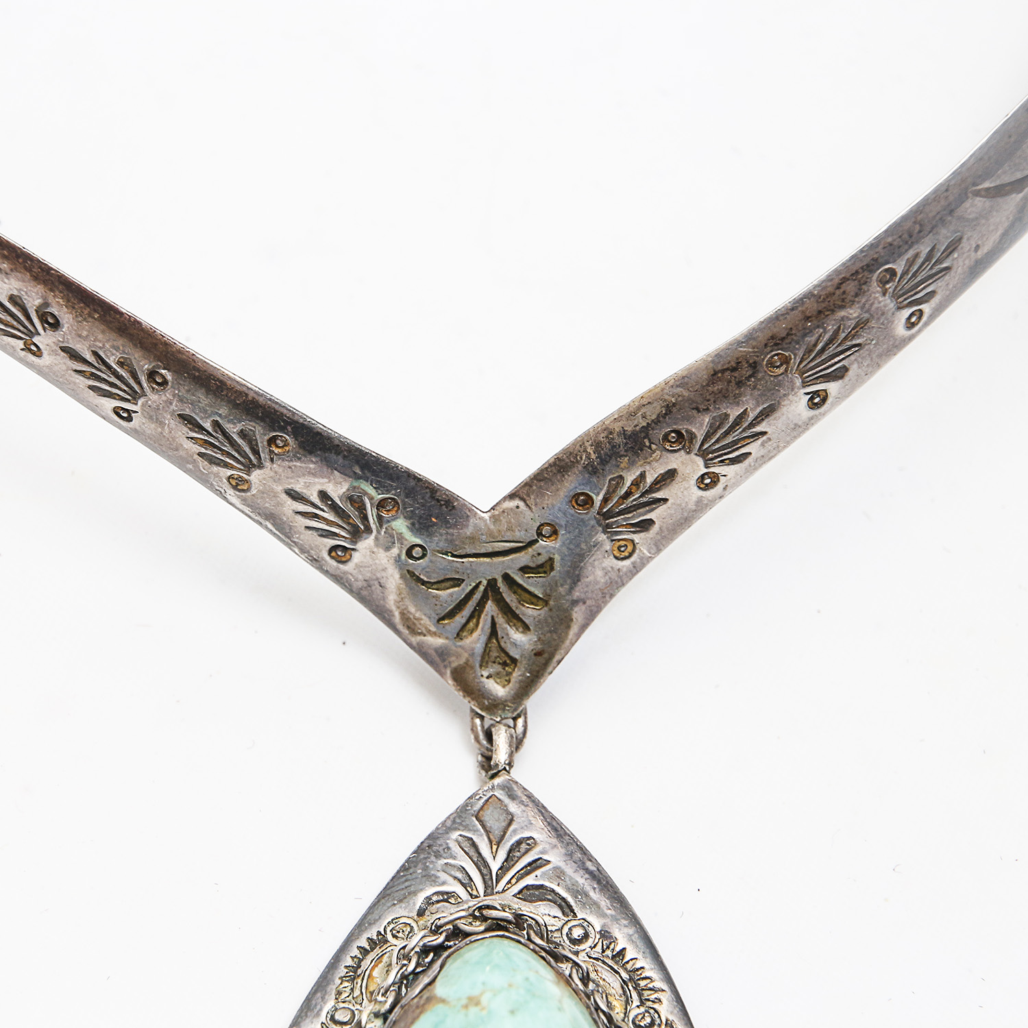 Navajo Style Sterling Silver Turquoise Drop Pendant Necklace