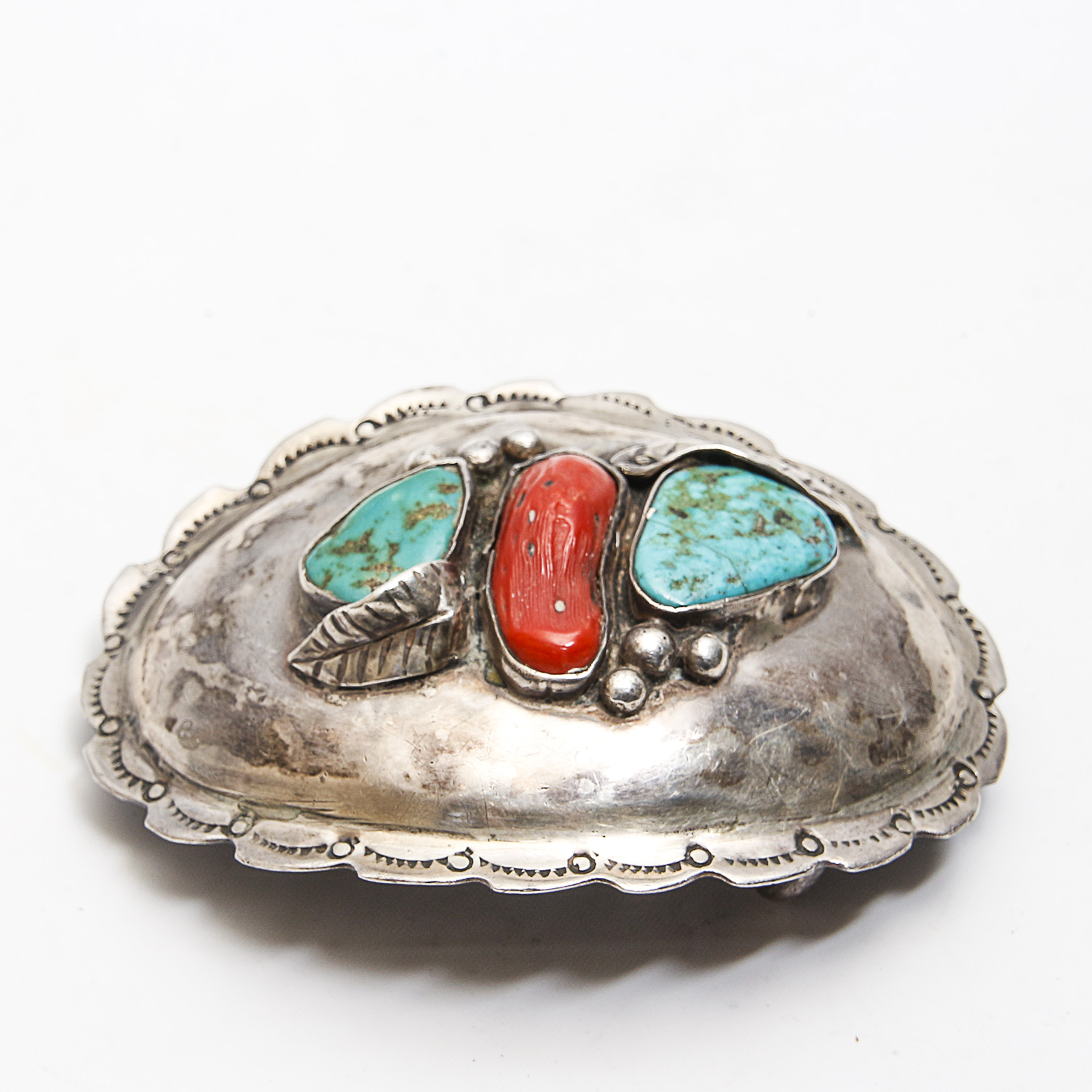 Signed "Topo" Heavy Sterling Turquoise and Coral Belt Buckle