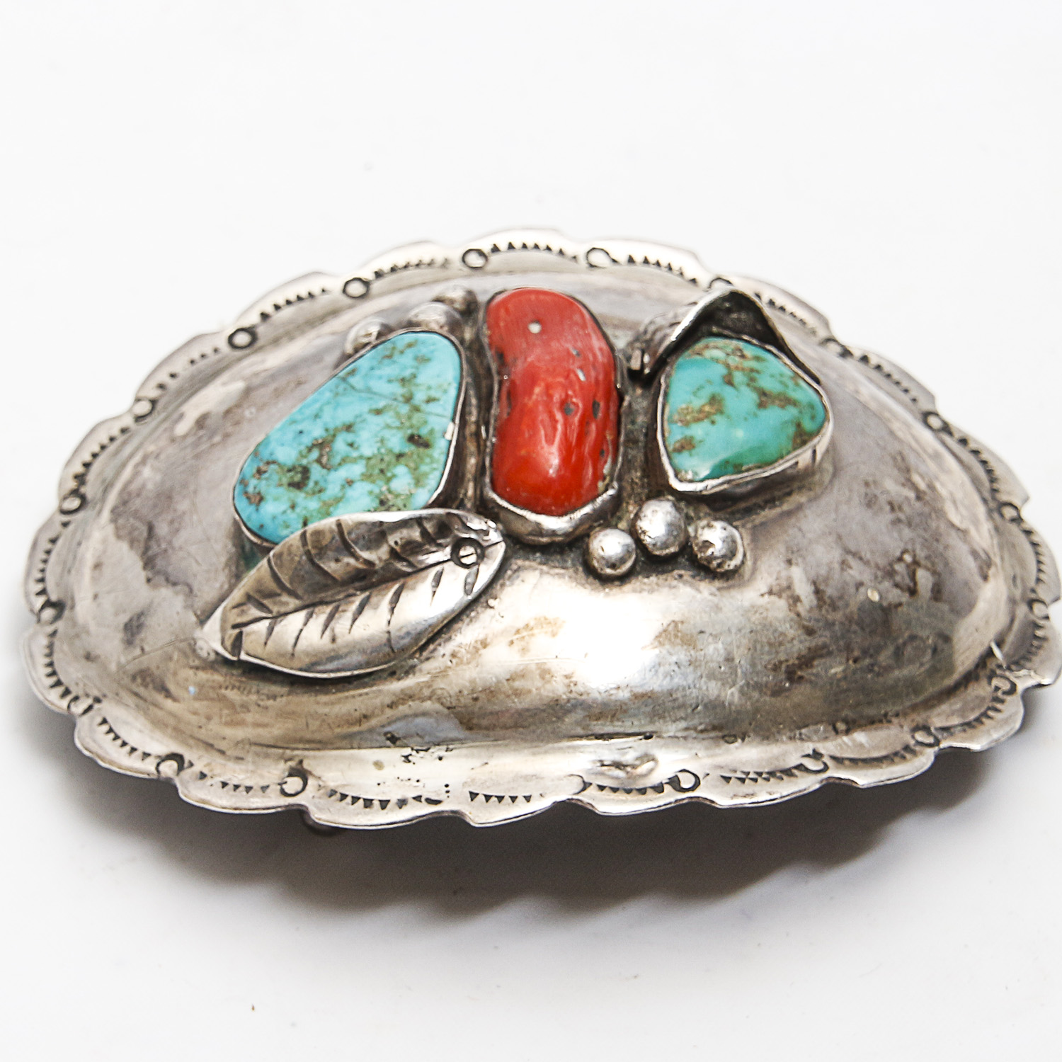 Signed "Topo" Heavy Sterling Turquoise and Coral Belt Buckle