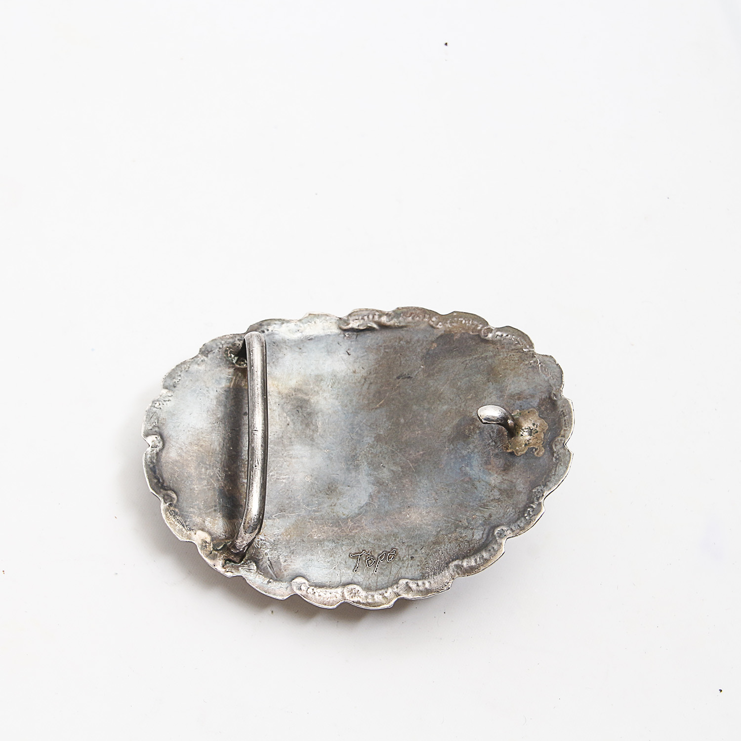 Signed "Topo" Heavy Sterling Turquoise and Coral Belt Buckle