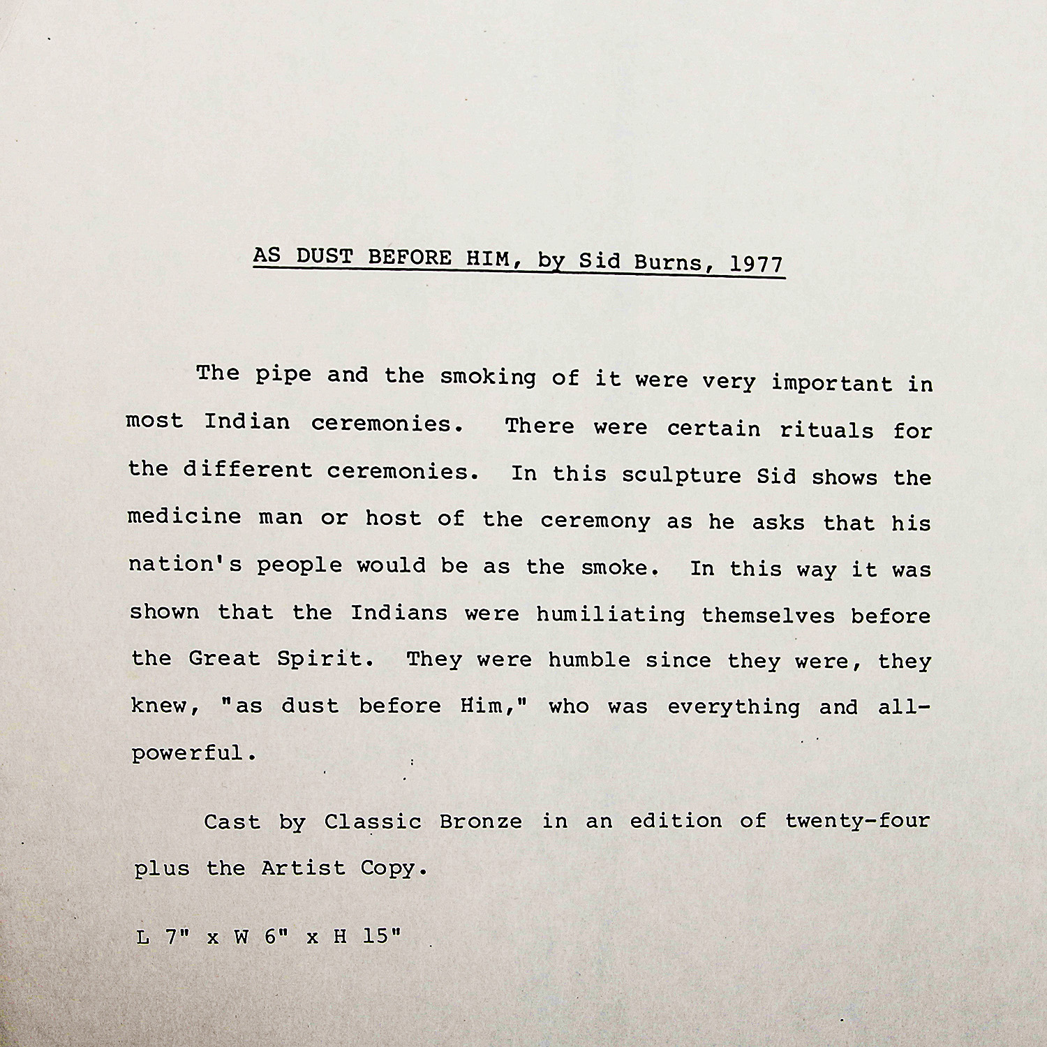 Sid Burns 1977 Bronze Sculpture "As Dust Before Him"