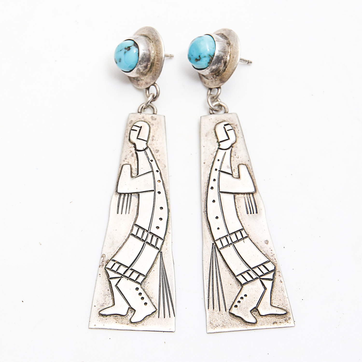 Sterling Silver Shadowbox and George and Grace Nakai 800 Silver Storyteller Earrings With Faux Turquoise