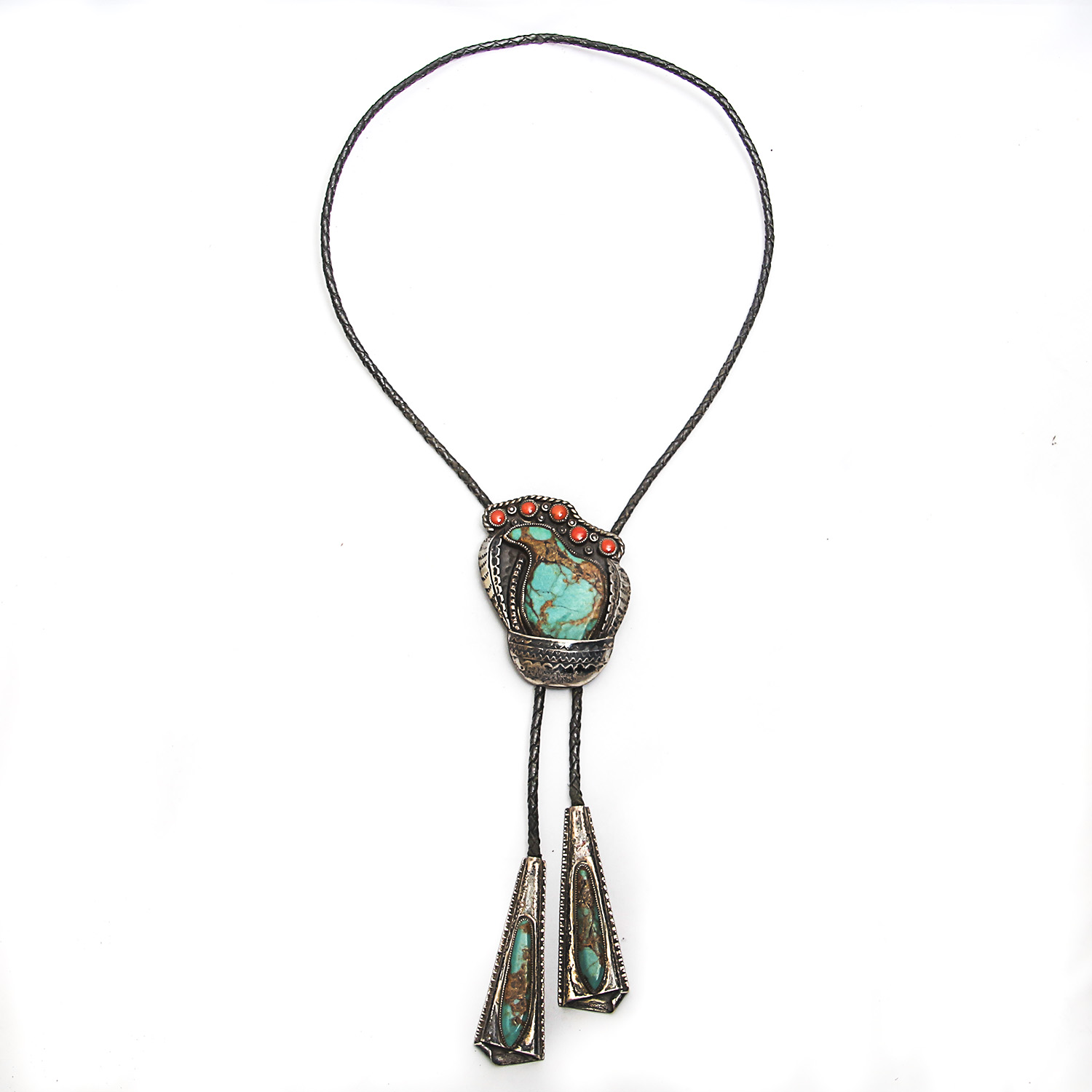 Navajo Style Sterling Silver Turquoise and Coral Bolo Tie