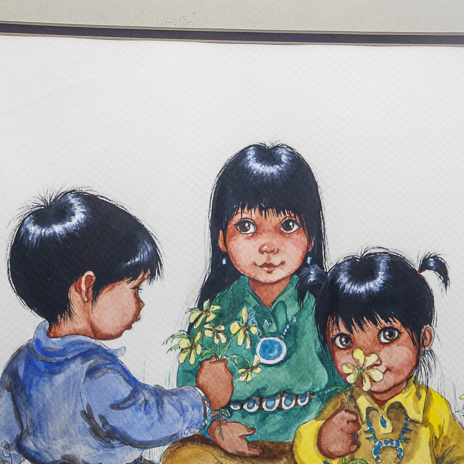 Linda Avey Original Ink and Watercolor Drawing of American Indian Children