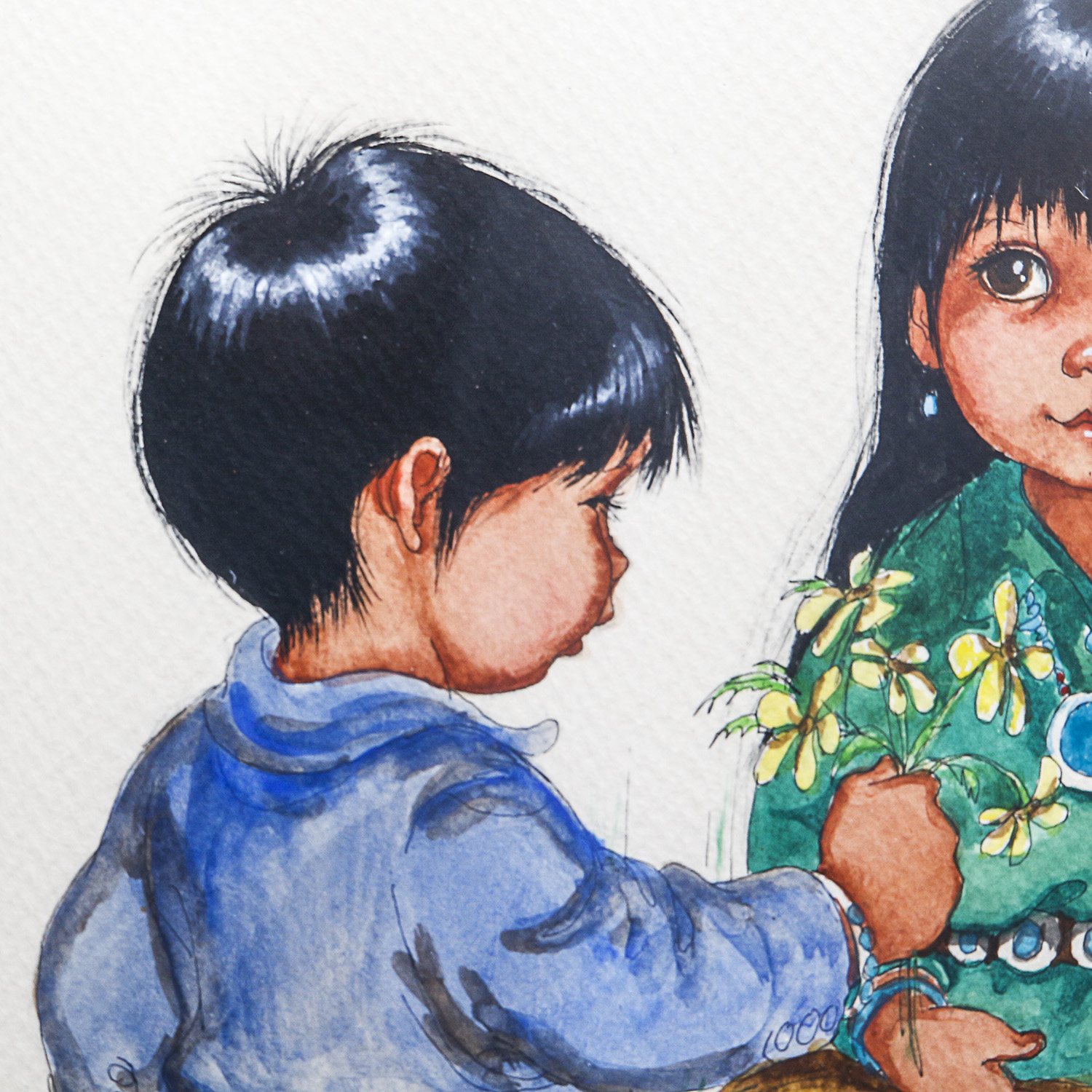 Linda Avey Original Ink and Watercolor Drawing of American Indian Children