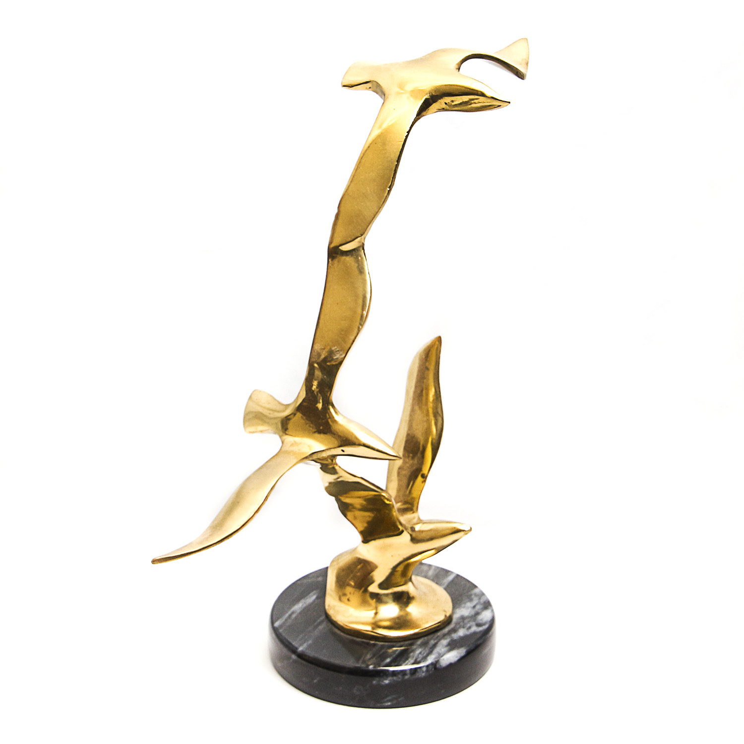 Mid-Century Brass Sculpture of Seagulls on a Black Marble Base