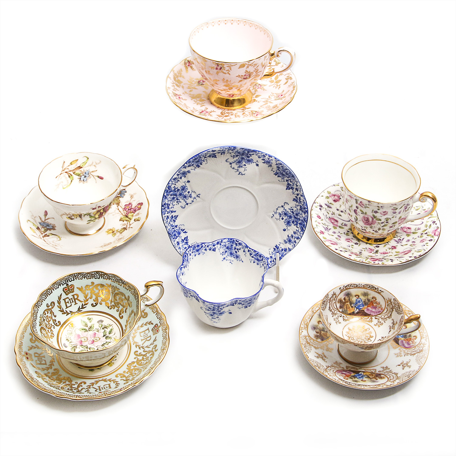 Collection of Porcelain Teacups and Saucer Pairs