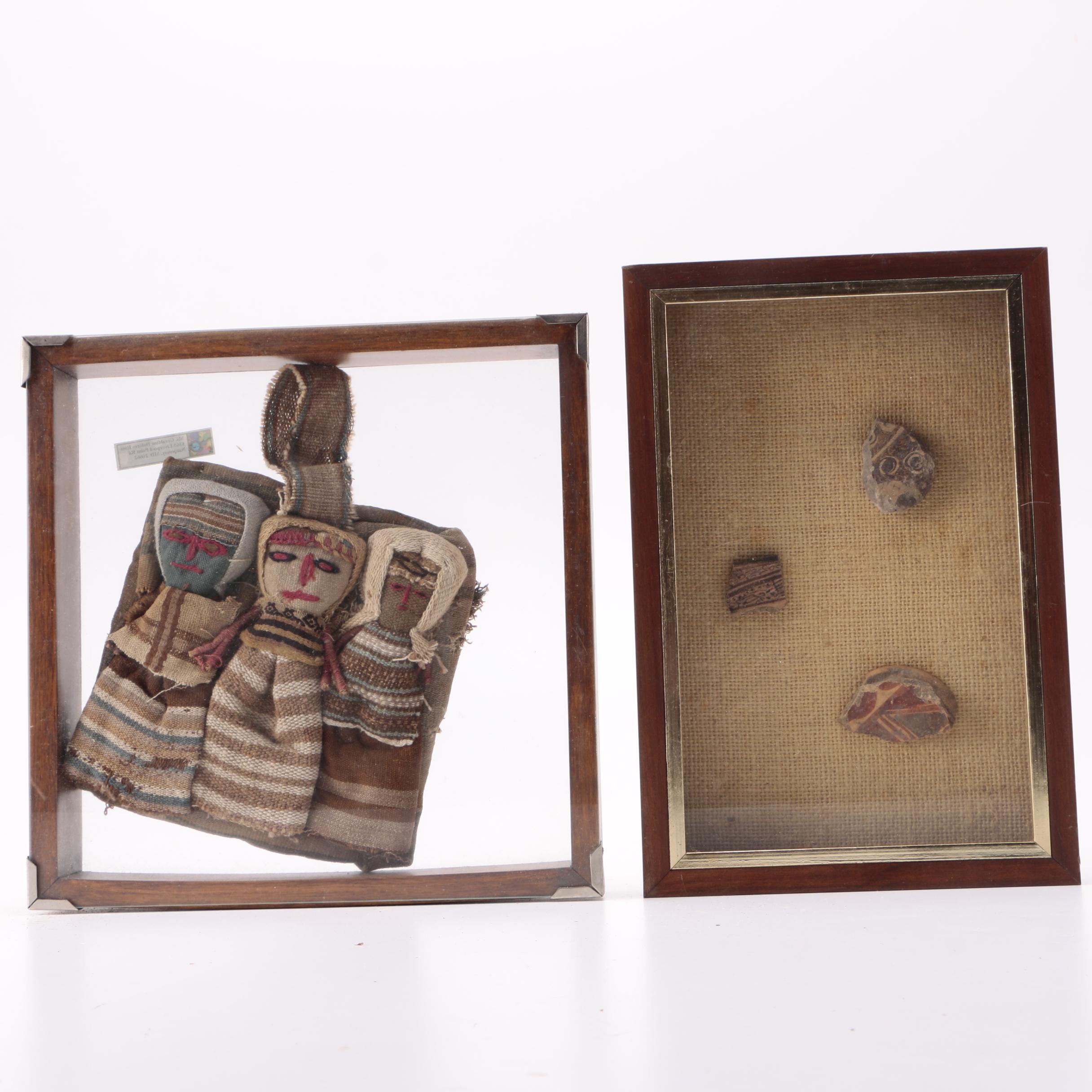 Framed Burlap Dolls and Pottery Fragments
