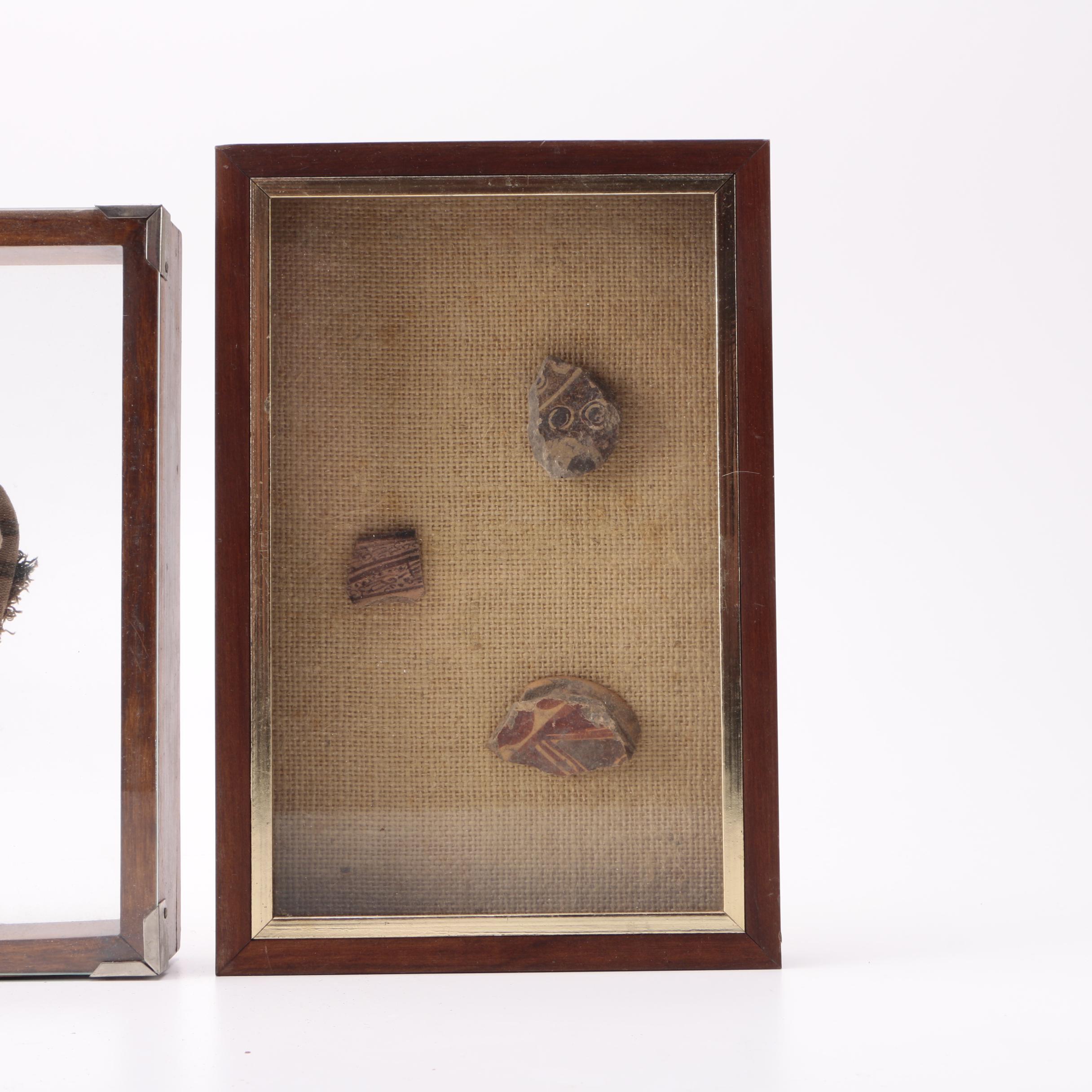 Framed Burlap Dolls and Pottery Fragments
