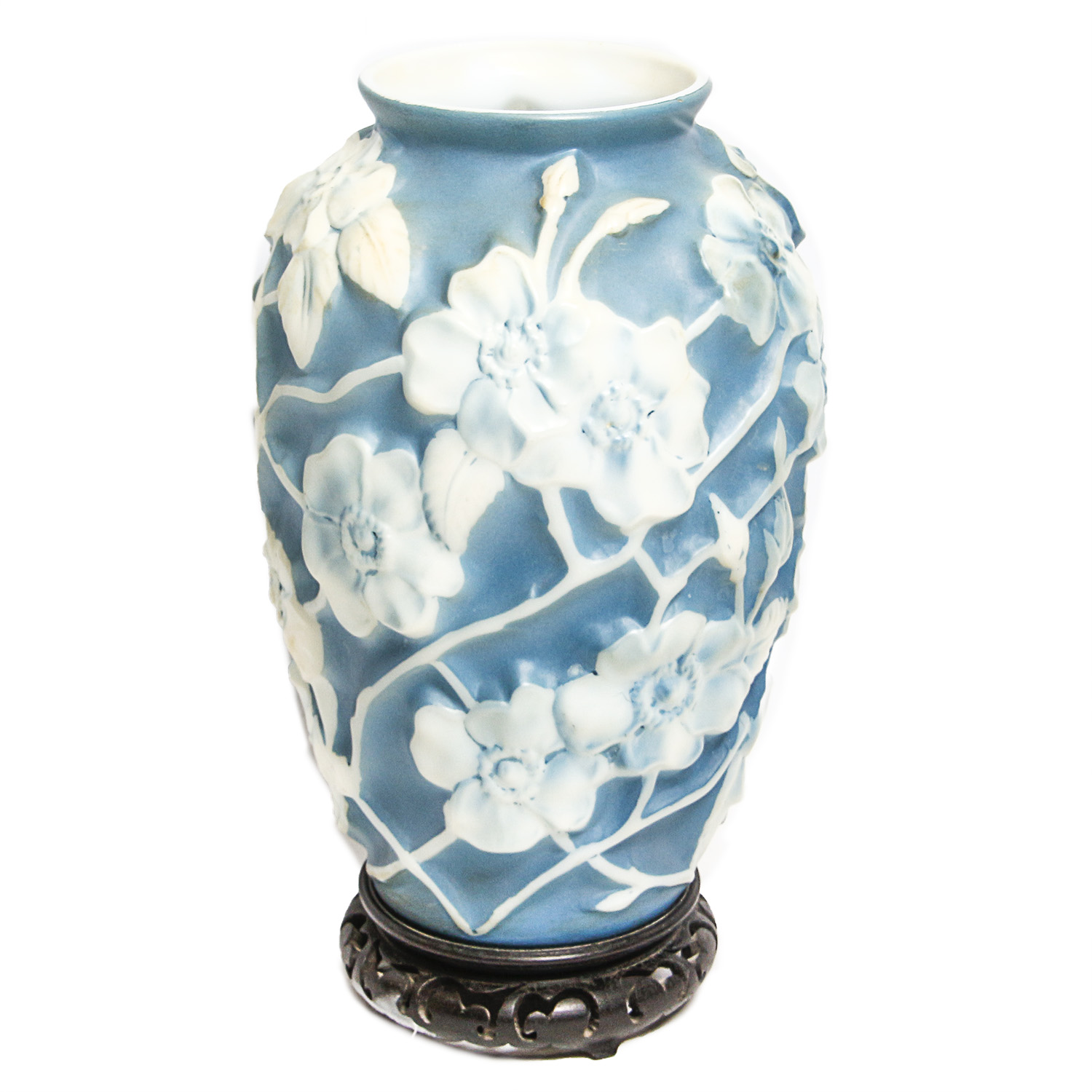 Vintage Phoenix Consolidated Glass Blue and White Floral Vase