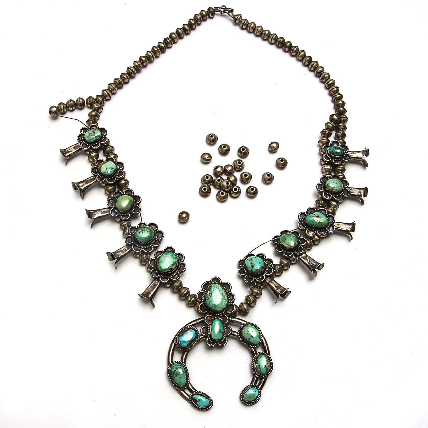 Navajo Style 900 Silver Turquoise Squash Blossom Naja Necklace