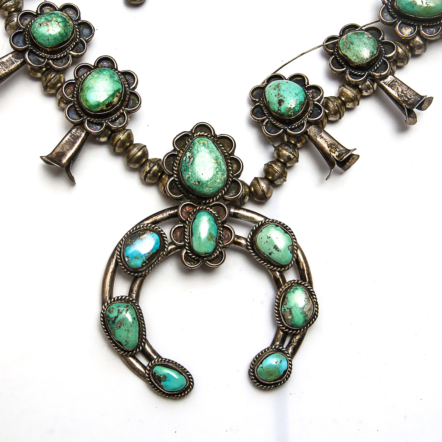 Navajo Style 900 Silver Turquoise Squash Blossom Naja Necklace