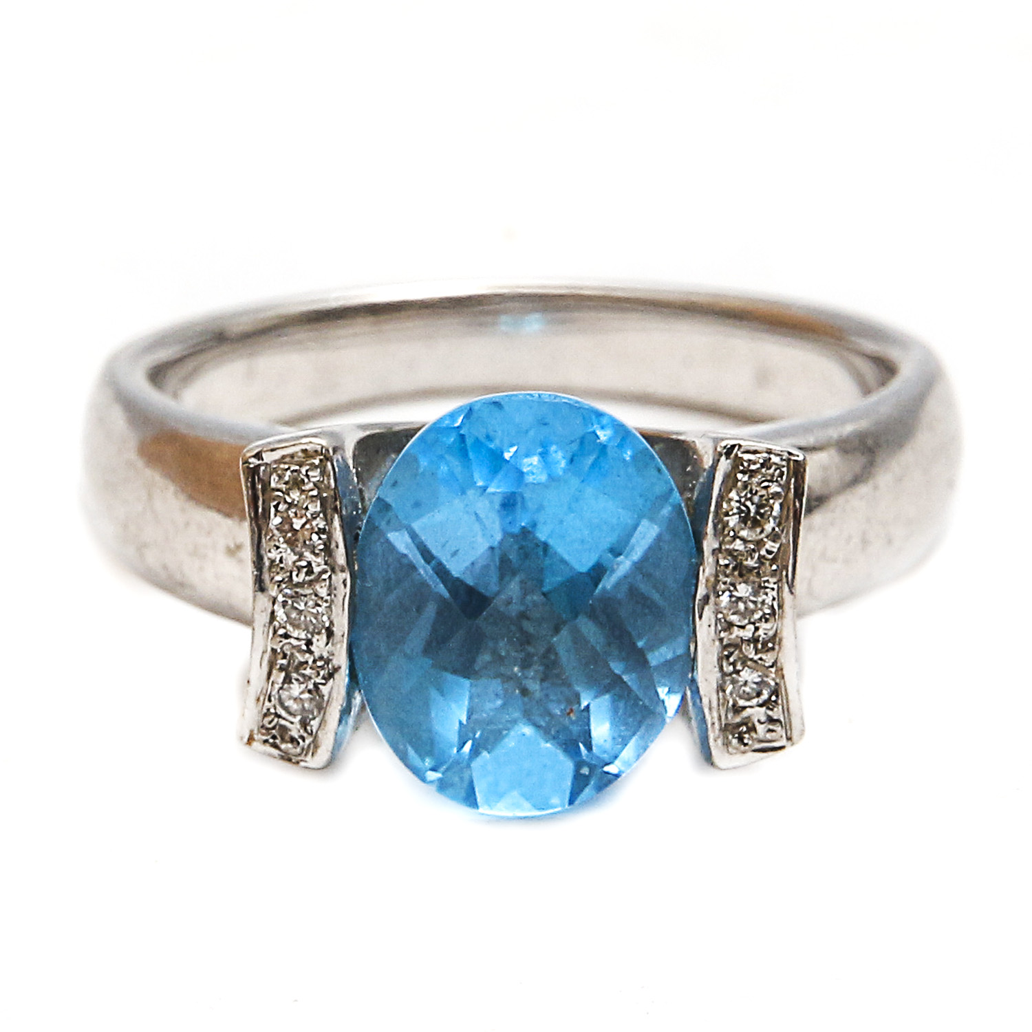 14K White Gold Blue Topaz and Diamond Ring