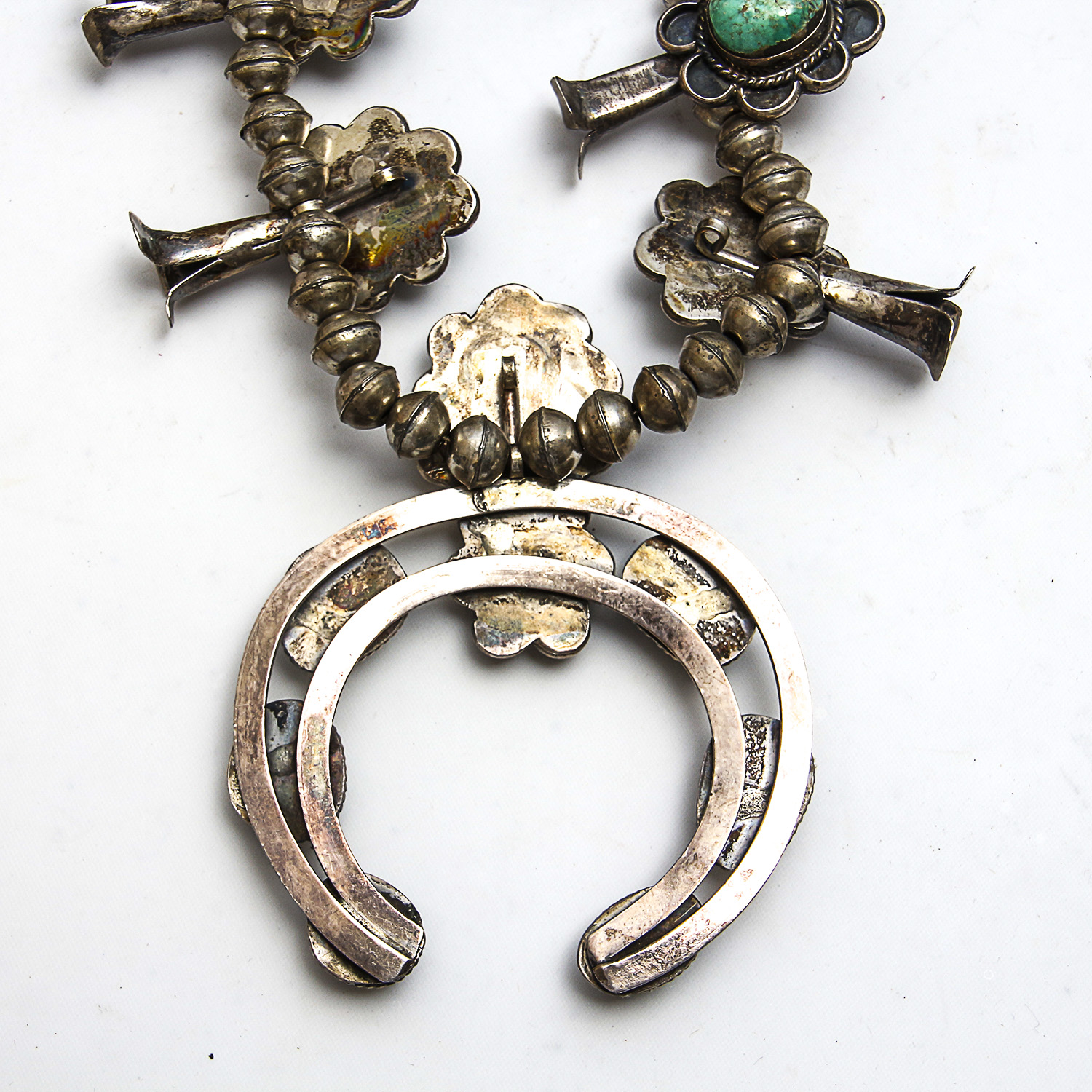 Navajo Style 900 Silver Turquoise Squash Blossom Naja Necklace