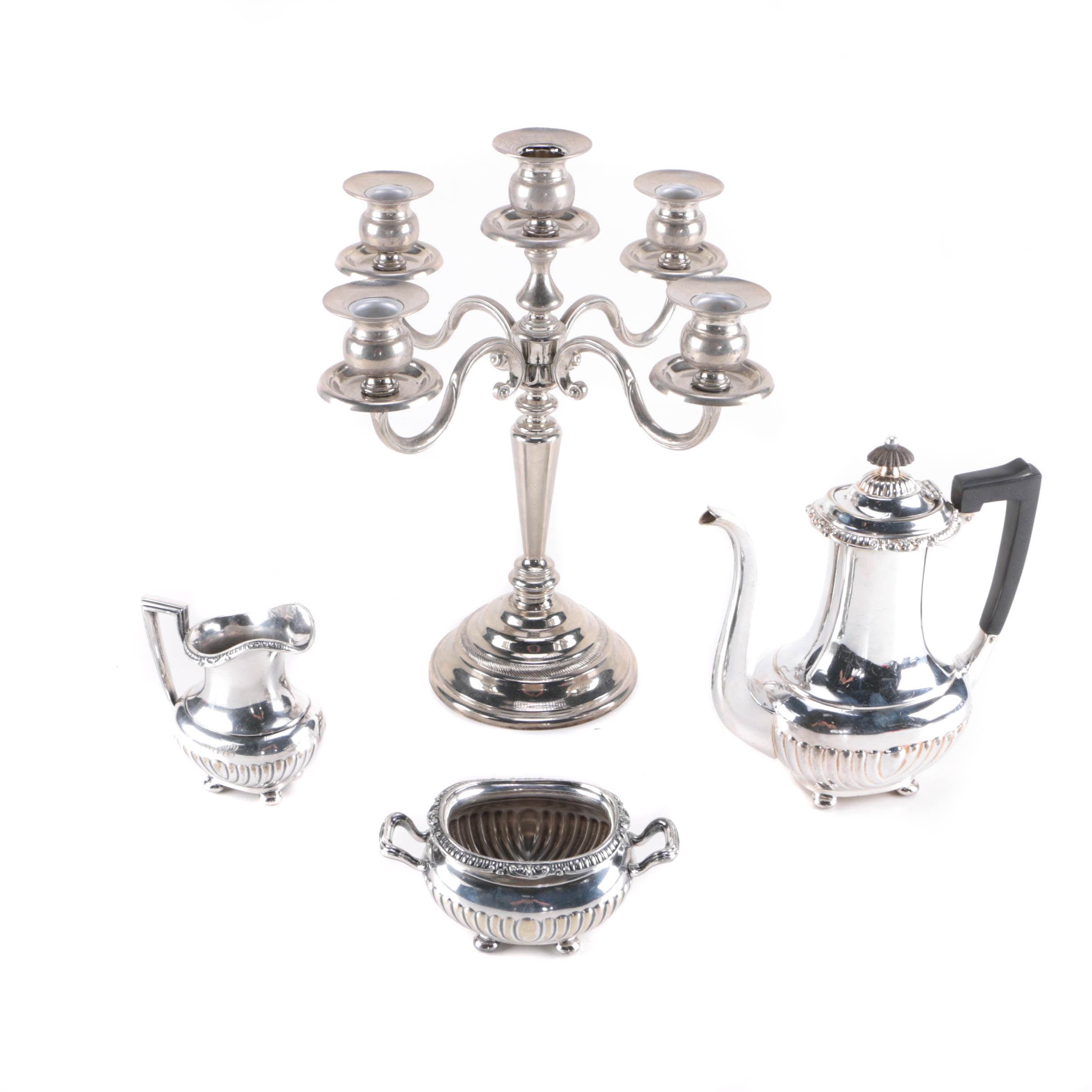 Silver Plated Coffee Set and Candelabra Including Reed & Barton