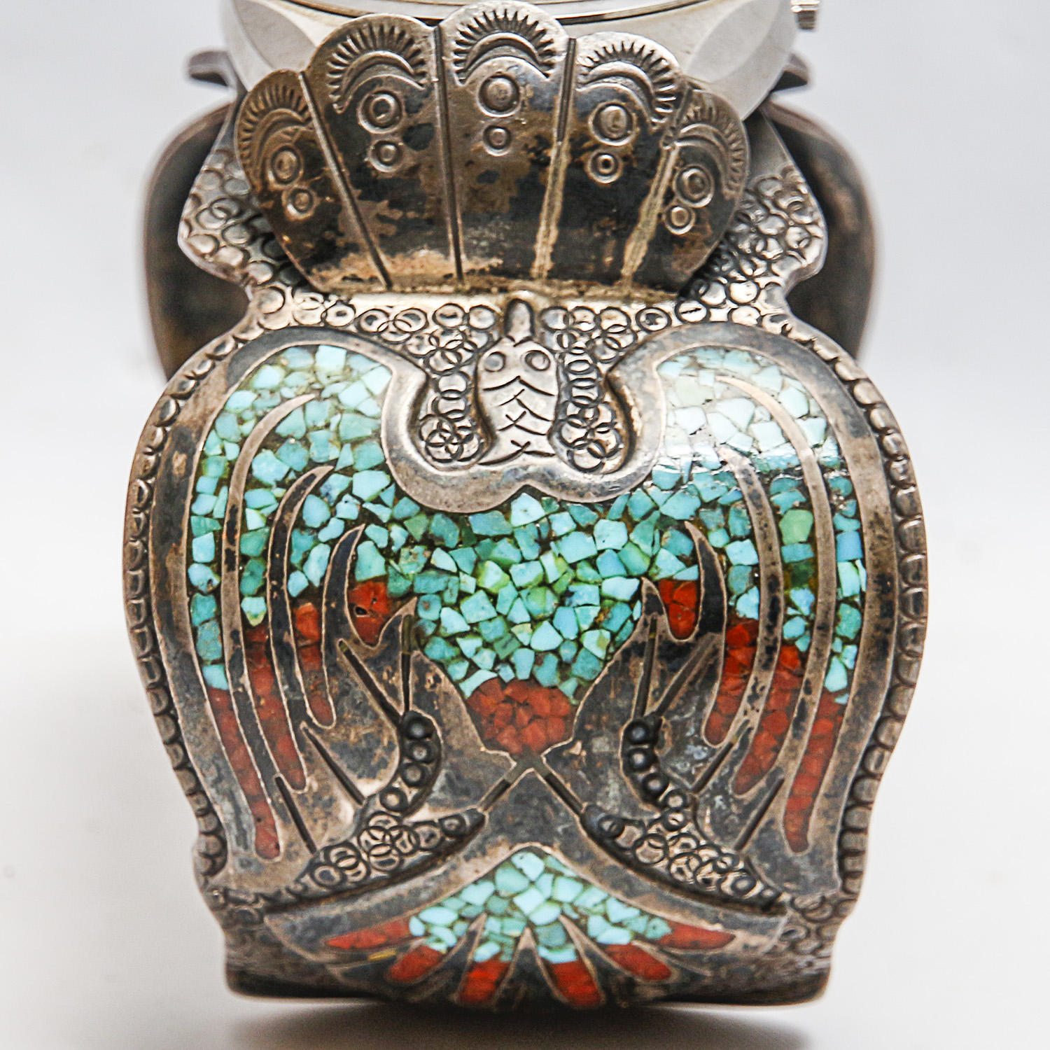 Sterling Cuff Watch Bracelet with Coral and Turquoise Inlay