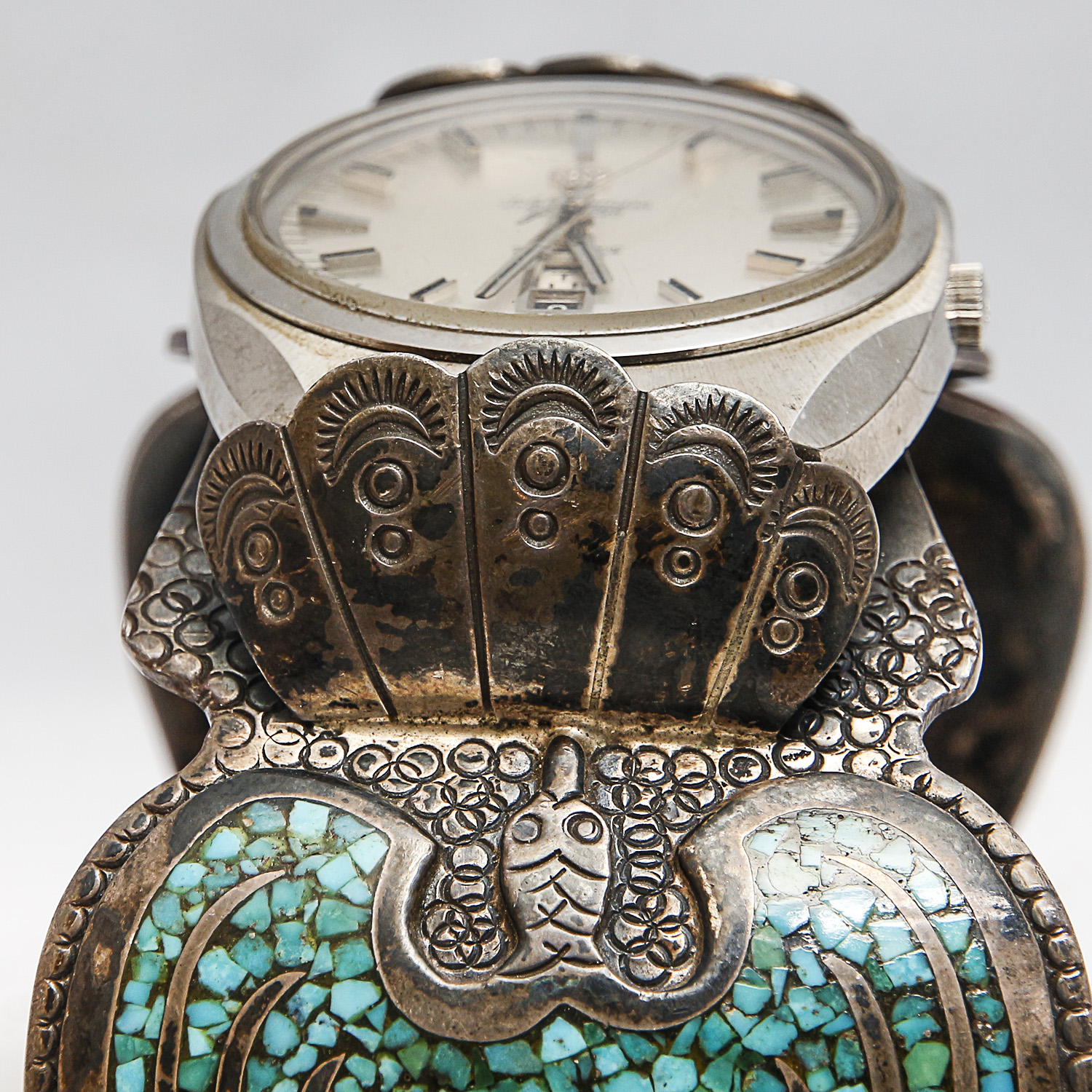 Sterling Cuff Watch Bracelet with Coral and Turquoise Inlay