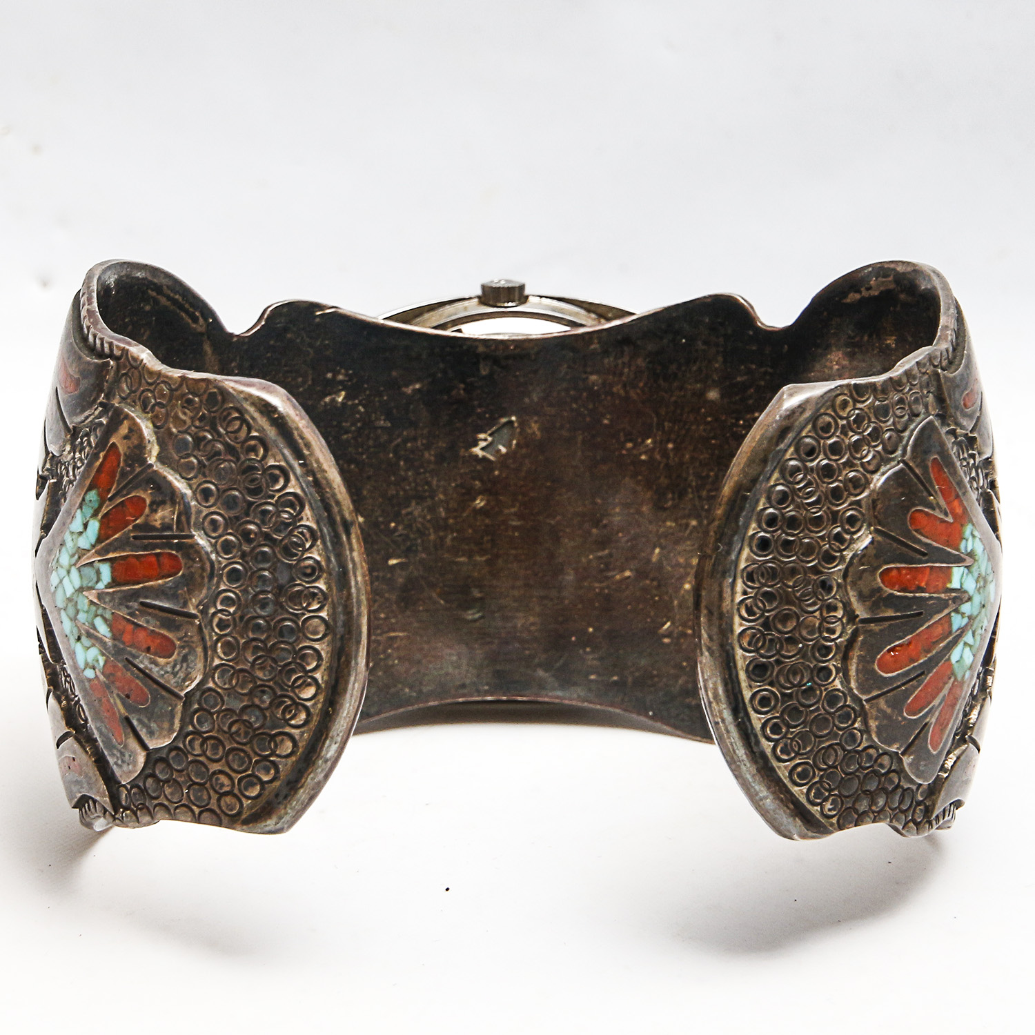 Sterling Cuff Watch Bracelet with Coral and Turquoise Inlay