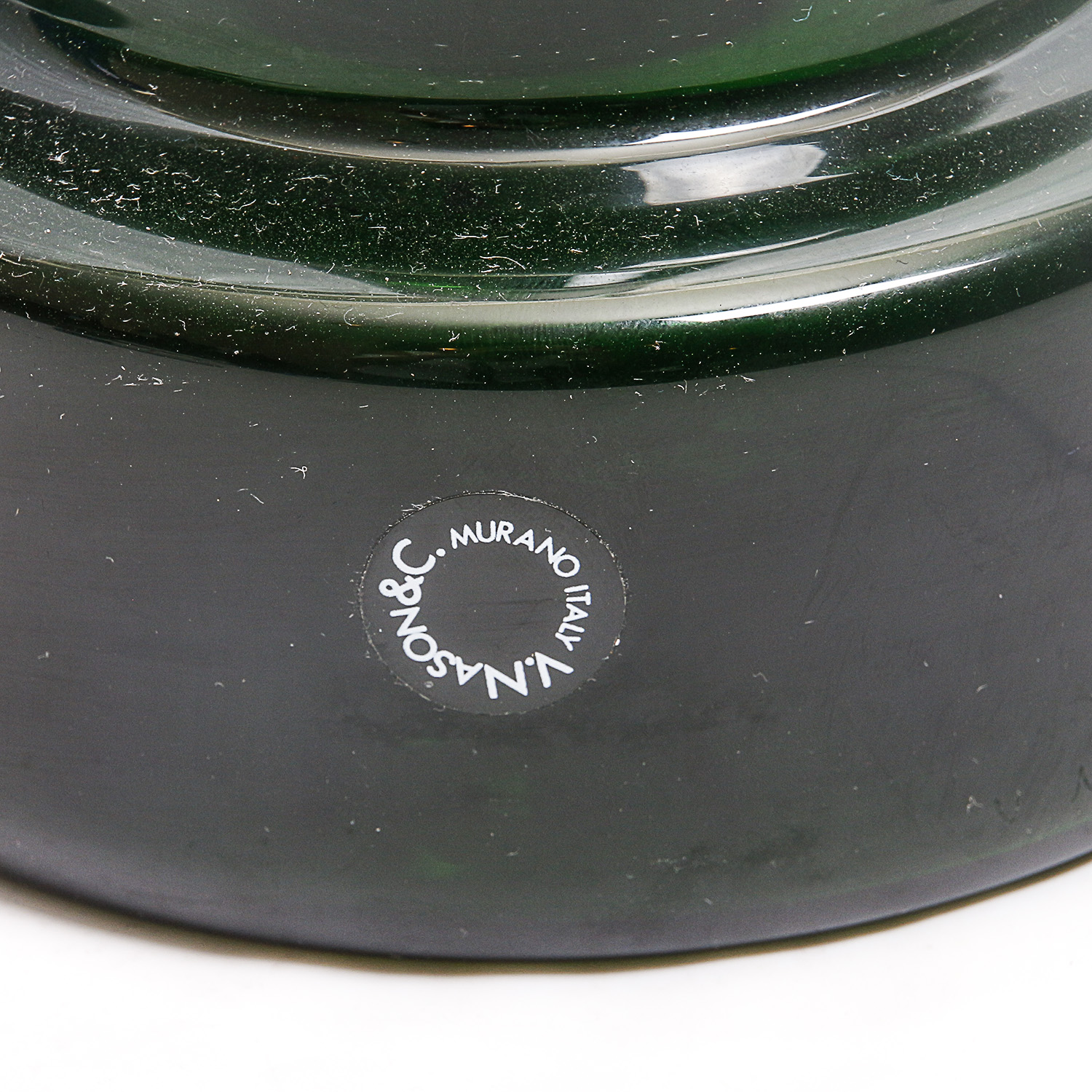 Pair of Italian Art Glass Decanters with Clear Stoppers Featuring V. Nason & Co.