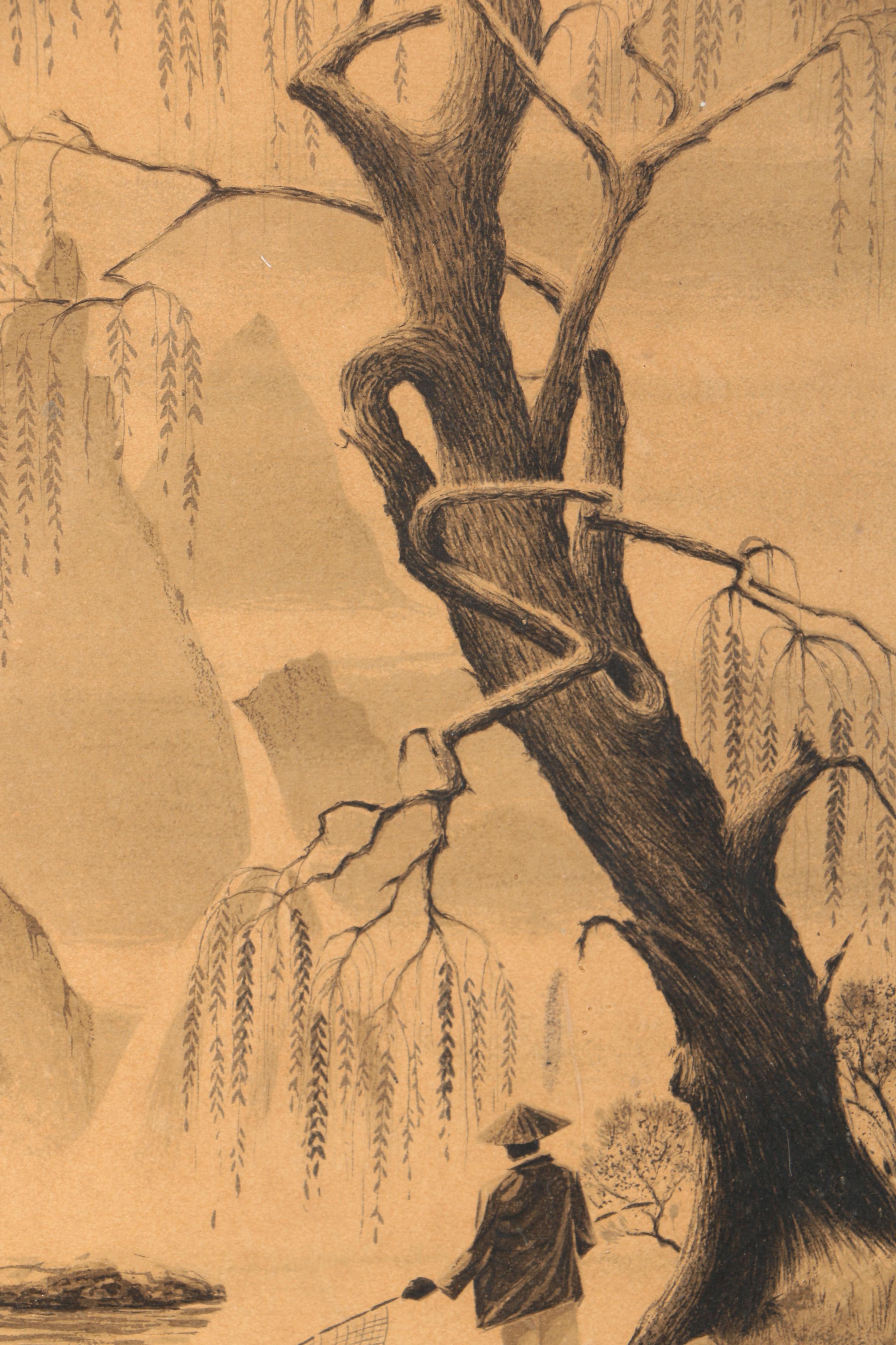 Asian-Inspired Lithograph Of A Lone Fisherman