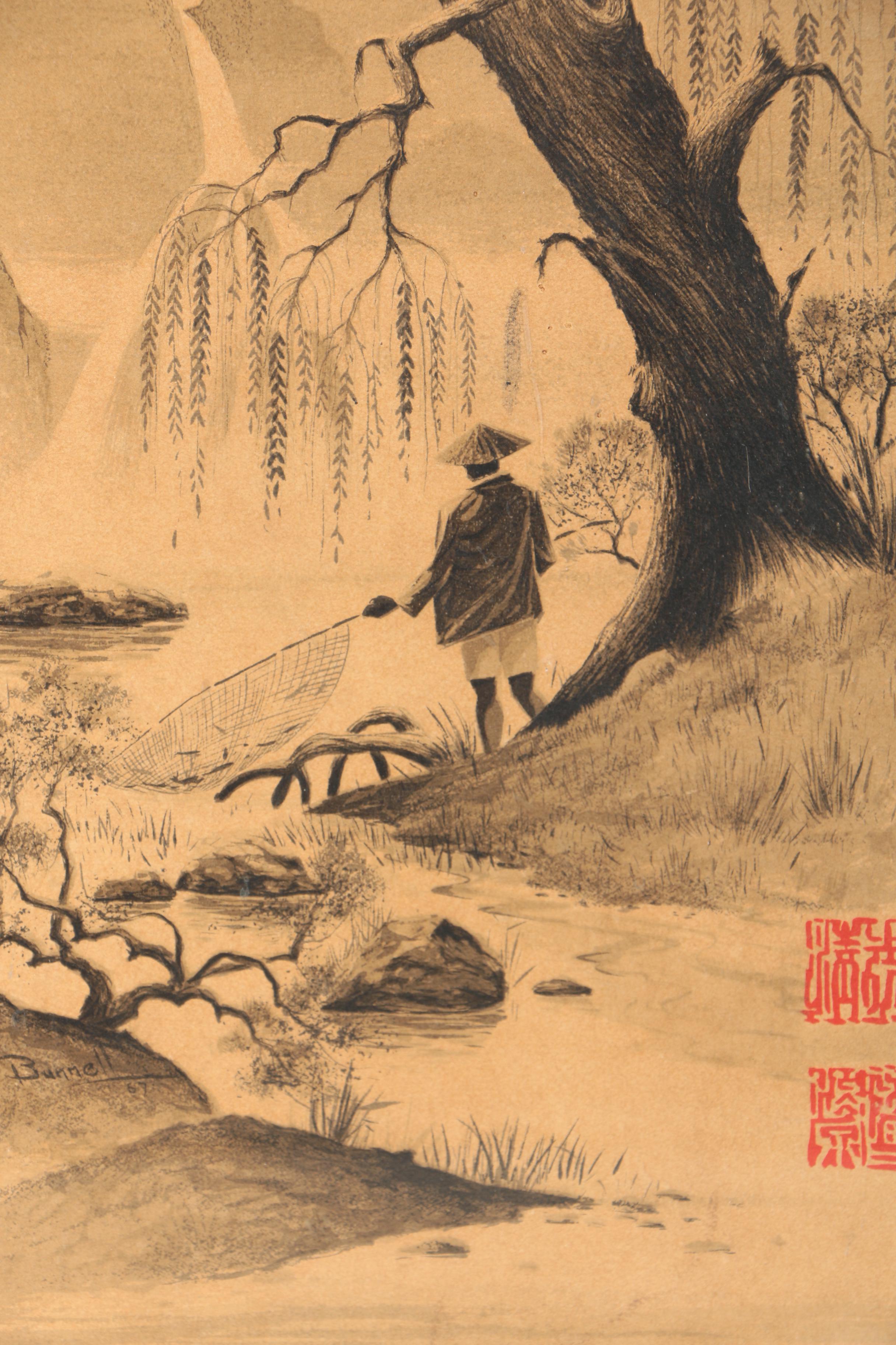 Asian-Inspired Lithograph Of A Lone Fisherman