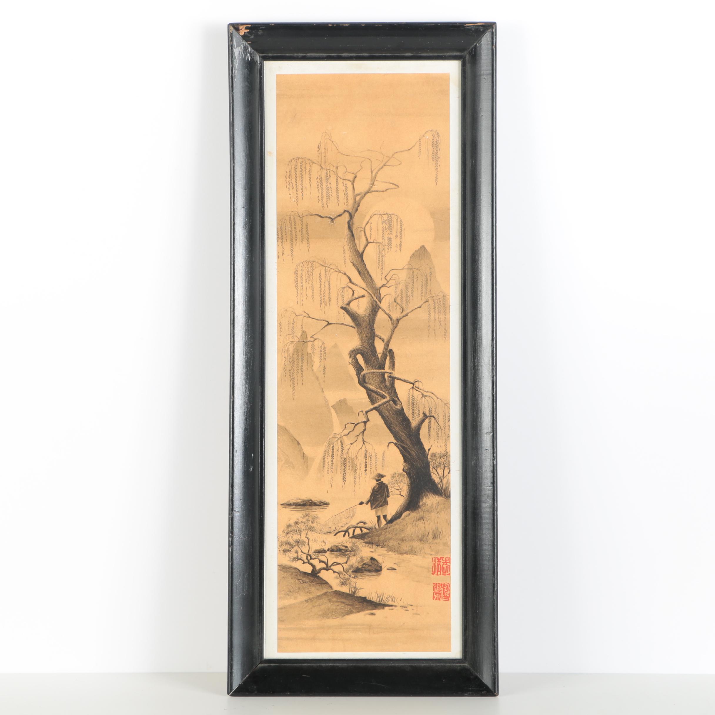Asian-Inspired Lithograph Of A Lone Fisherman