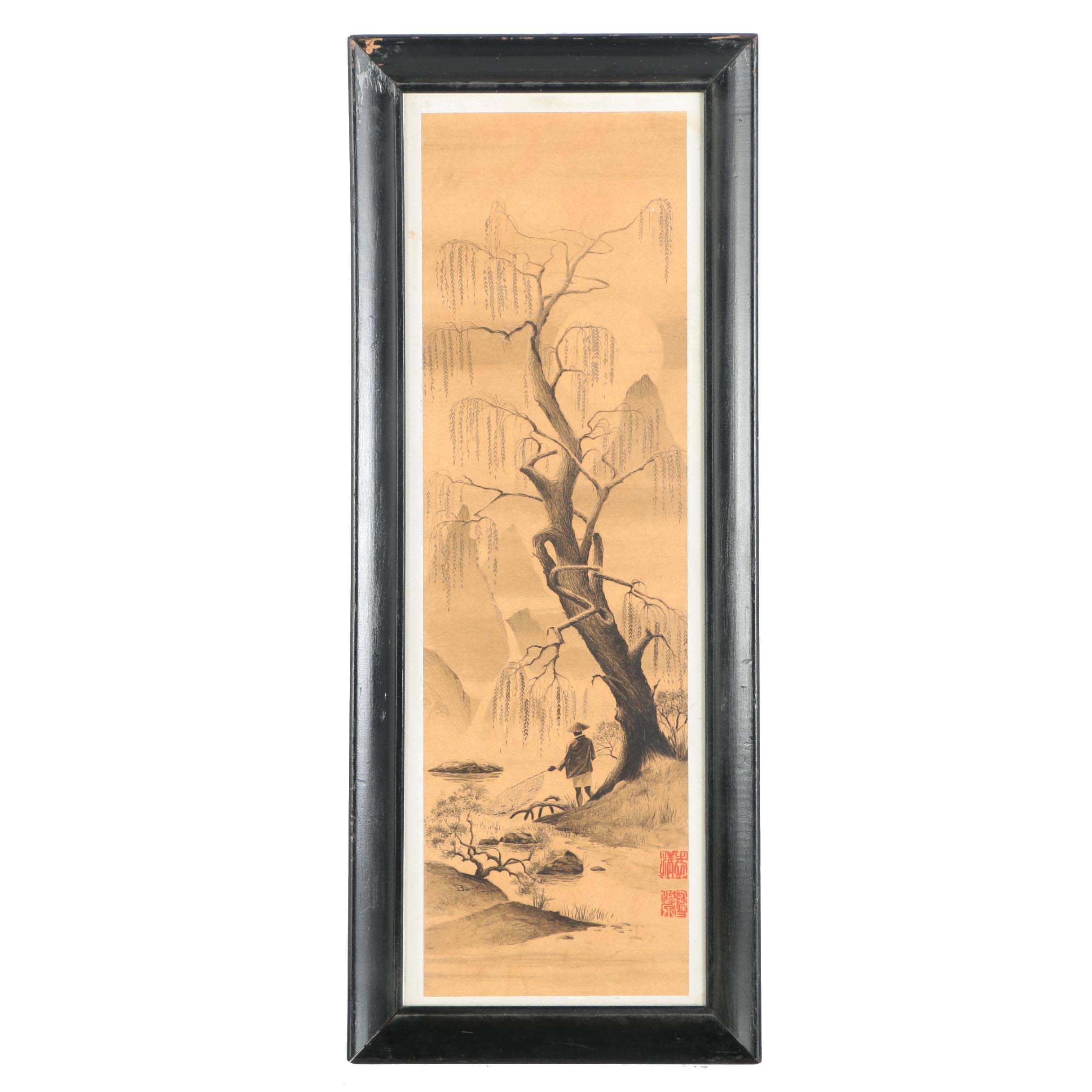 Asian-Inspired Lithograph Of A Lone Fisherman