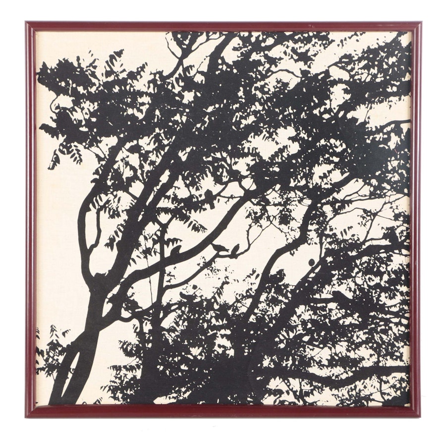 Framed Serigraph On Fabric of Birds and Tree in Silhouette