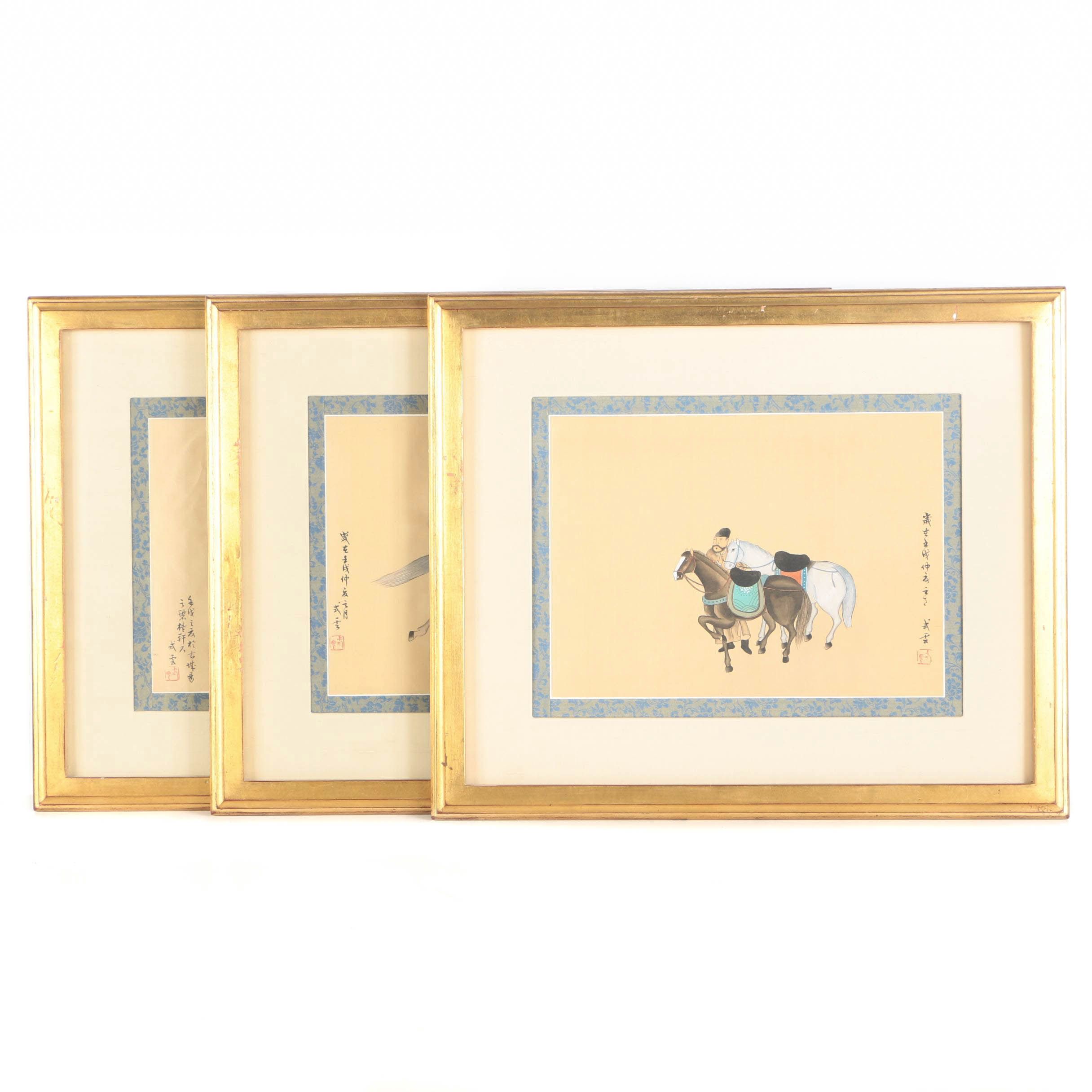 Chinese Watercolor Paintings on Silk of Men With Horses