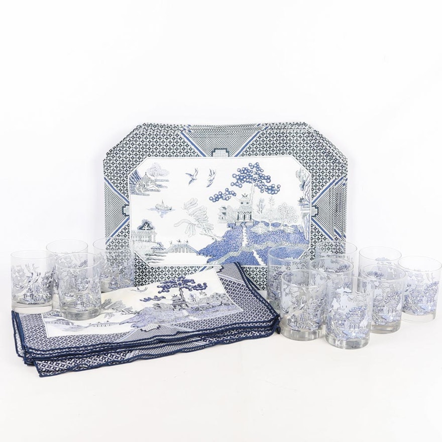 Blue Willow Glassware and Table Linens