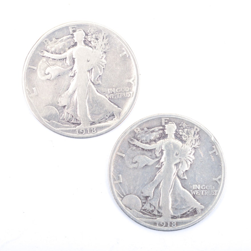 Silver United States 1918 and 1918-S Walking Liberty Half Dollar Coins