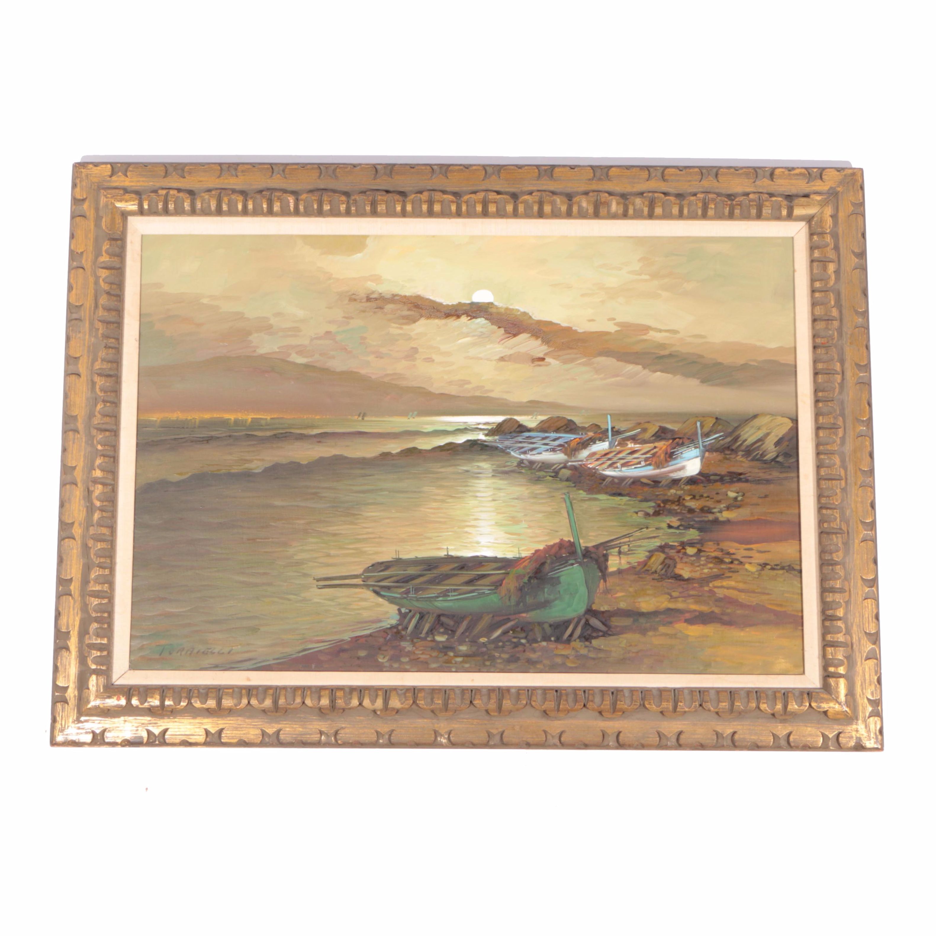 Torrielli Oil Painting of Boats on Rocky Shore