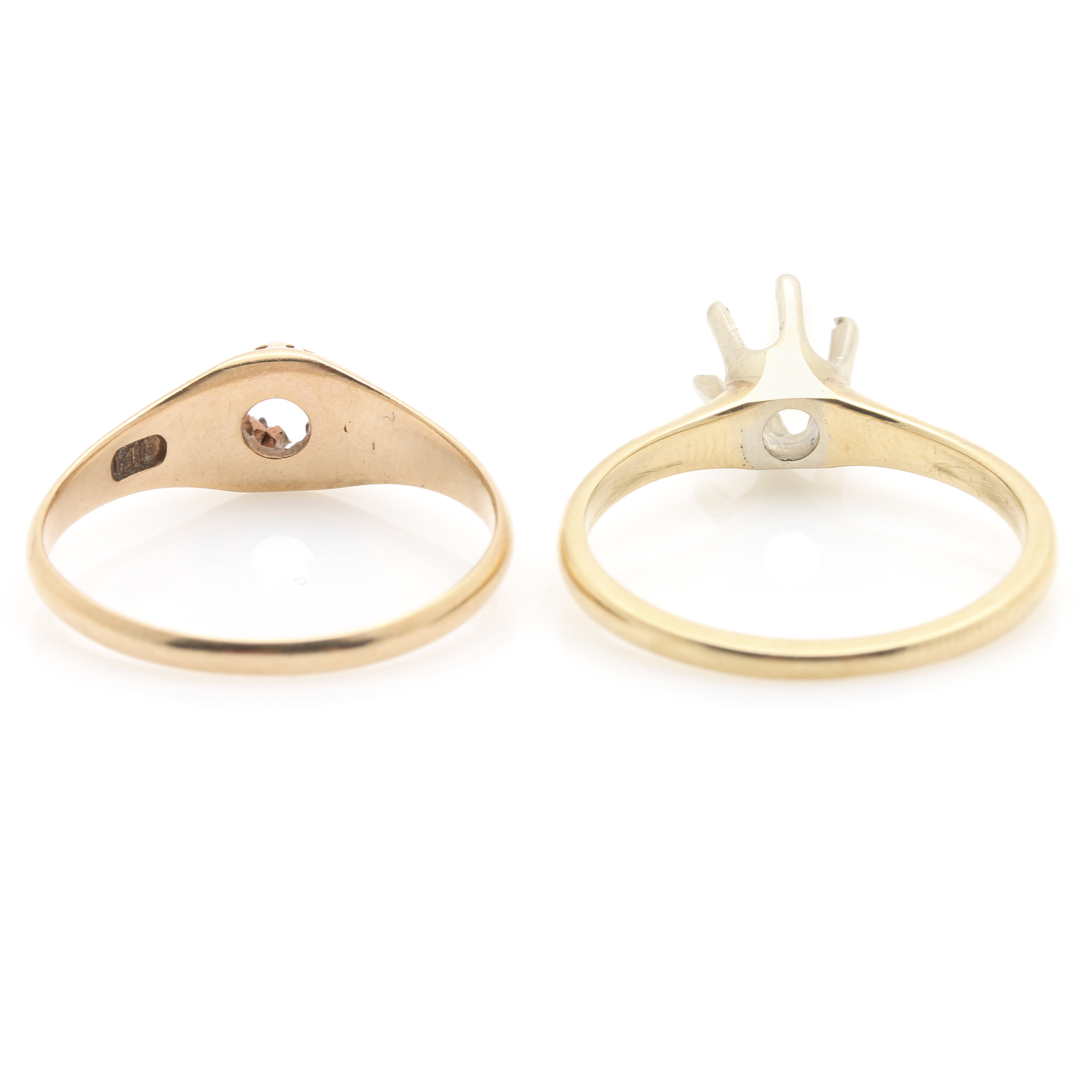 14K Mixed Gold Assortment with a Diamond and Seed Pearl Straight Pin and Two Ring Mountings