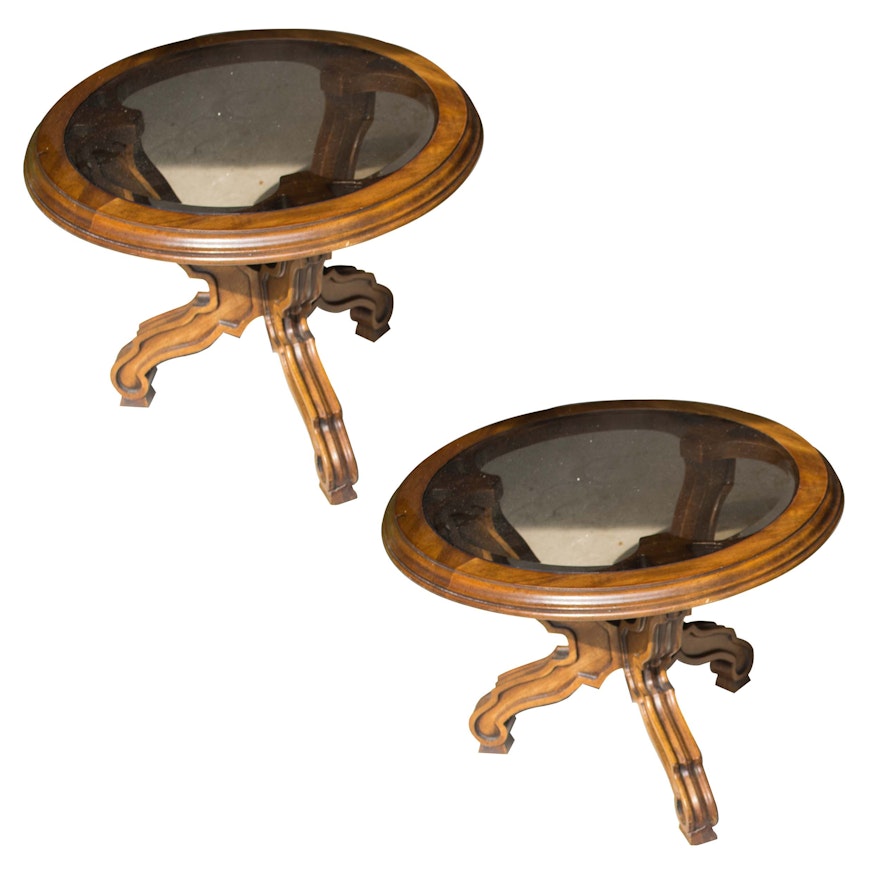 Pair of Walnut and Smoked Glass Occasional Tables