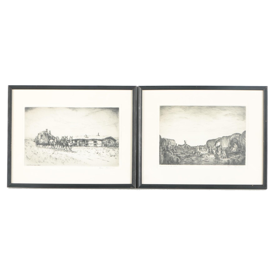 Hans Kleiber Signed Etchings On Paper "Knife River Post Office" and "Evening On The Trail"